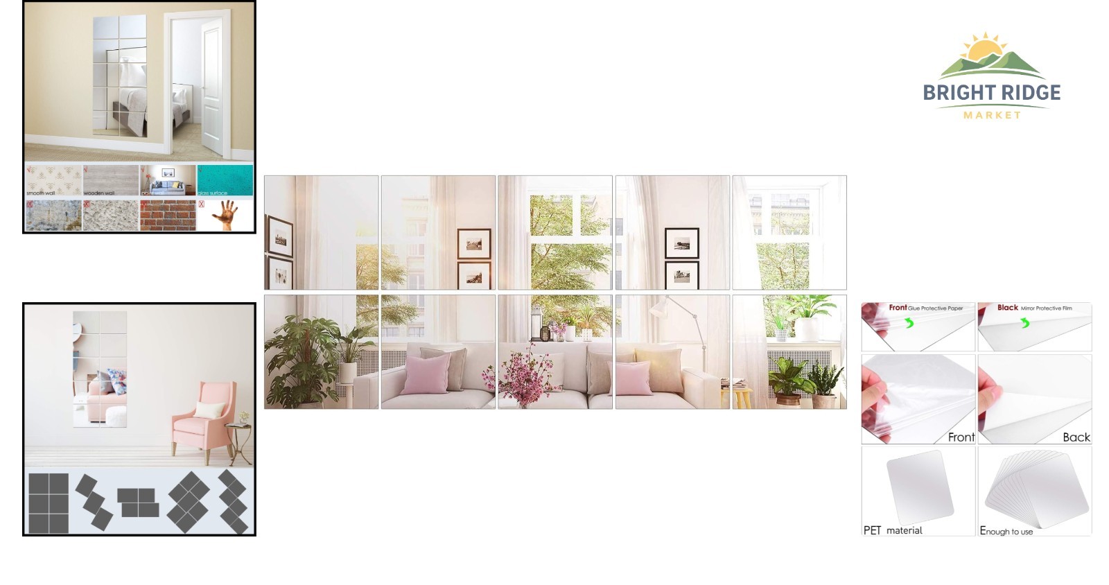 10-Piece Self Adhesive Mirror Sheets for Wall Decor, Flexible and Frameless