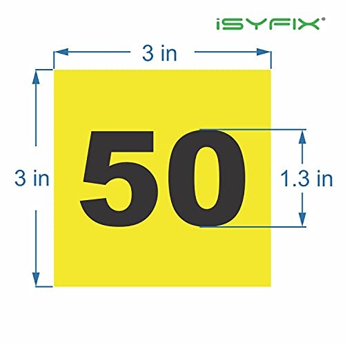 Consecutive Number Stickers – 1 to 50, 1 set – Vinyl Self 3-inch Yellow