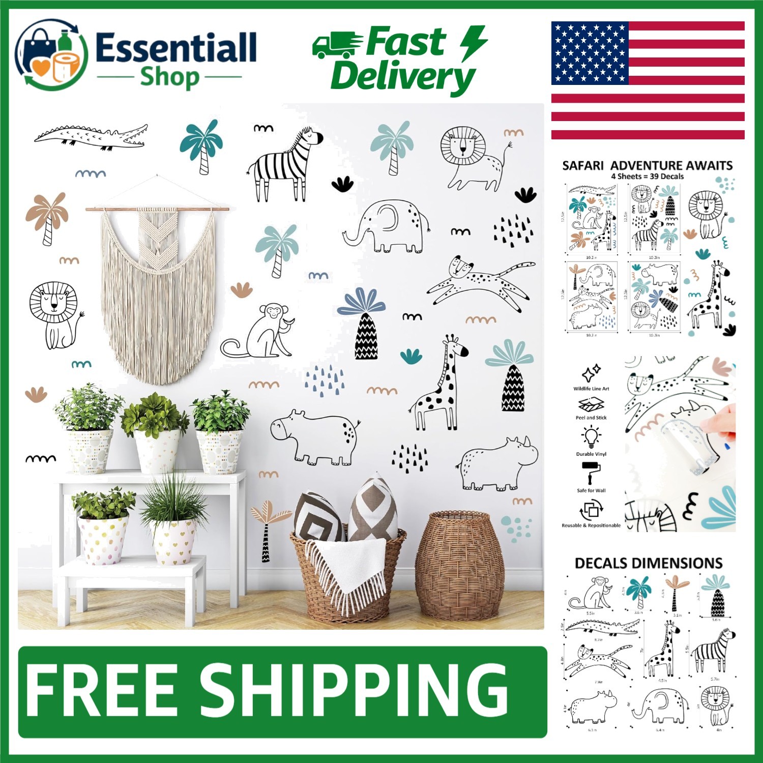 Durable Vinyl Safari Animal Wall Art – 39 Repositionable Decals for Kids' Rooms