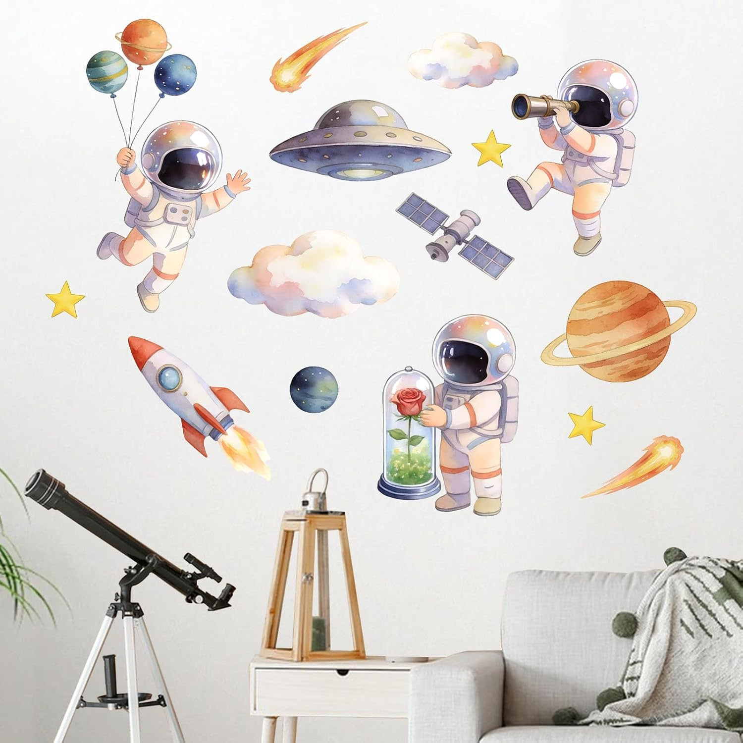 Watercolor Outer Space Astronaut Wall Decals Stickers, Galaxy | Planets Rocket S