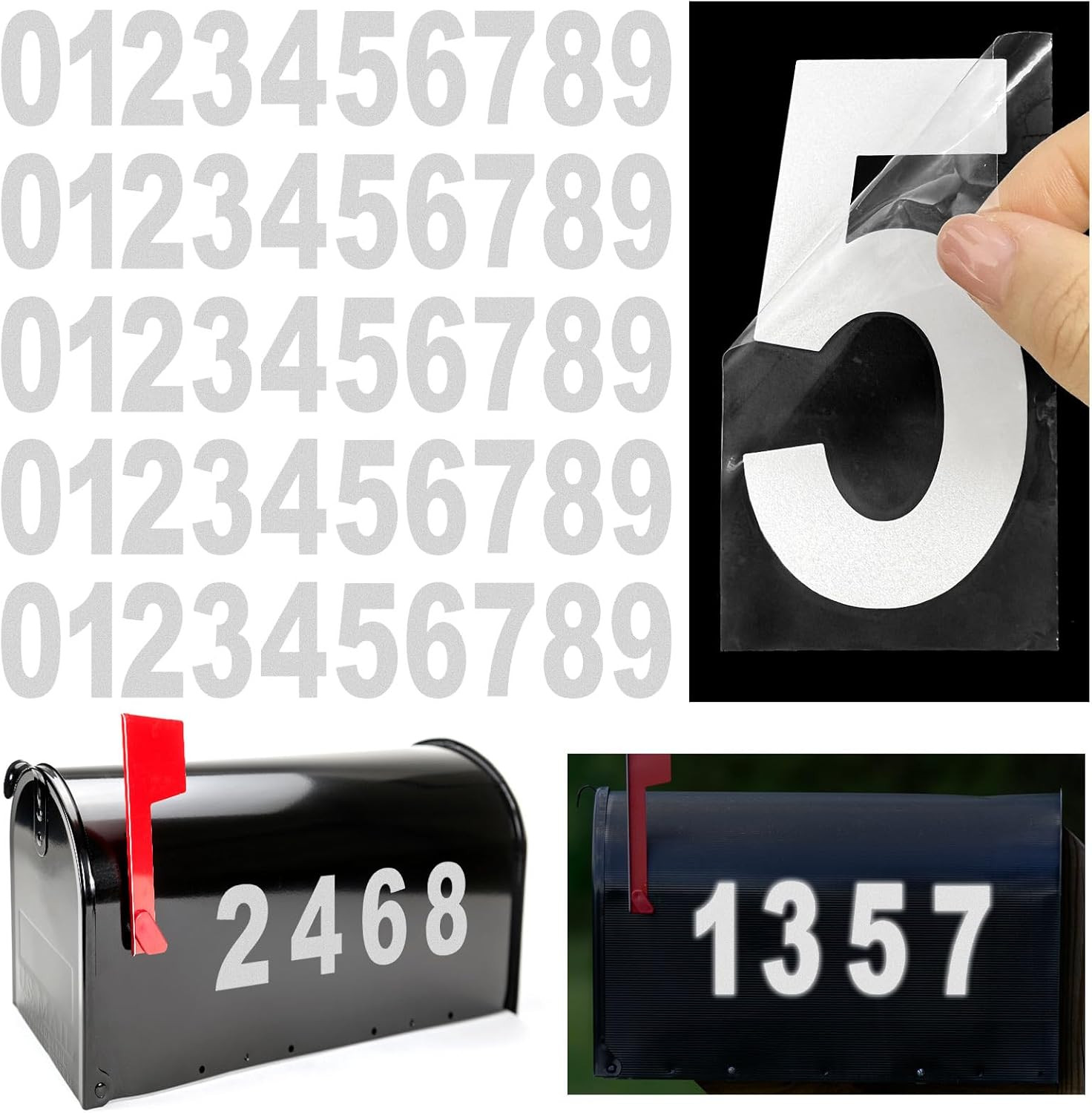3" Reflective Vinyl Mailbox Numbers Sticker 0-9, 5 Sets � Weatherproof Adhesiv
