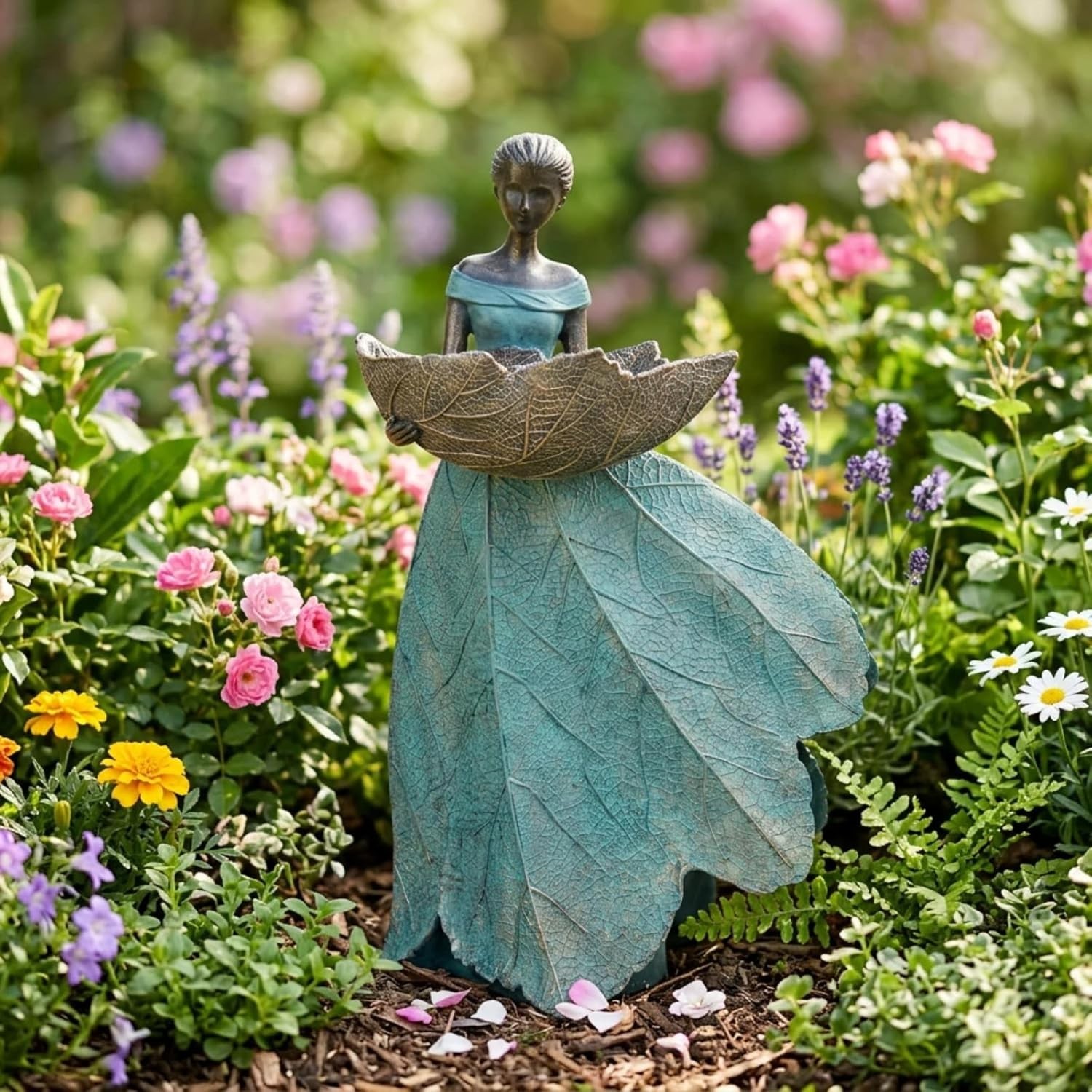 Fairy Garden Statues Bird Feeder – 12 Inch Resin Outdoor Fairy Statue for Garden
