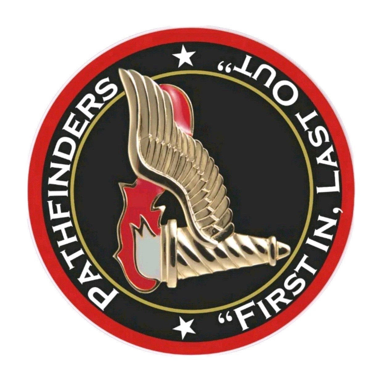 Pathfinders First In, Last Out Round Vinyl Decal Sticker – Self-Adhesive 6"x 6"
