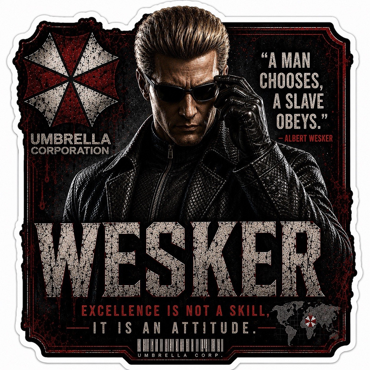 Albert Wesker Resident Evil Umbrella Quote Sticker Decal, Black/Red/White 4”
