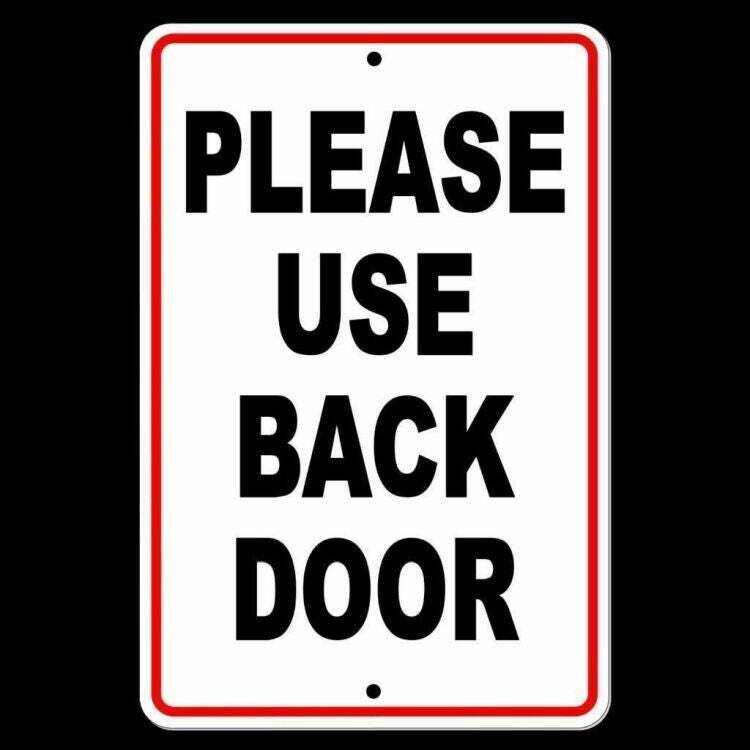 Please use back door Sign / Decal warning delivery notice please knock sw005 /