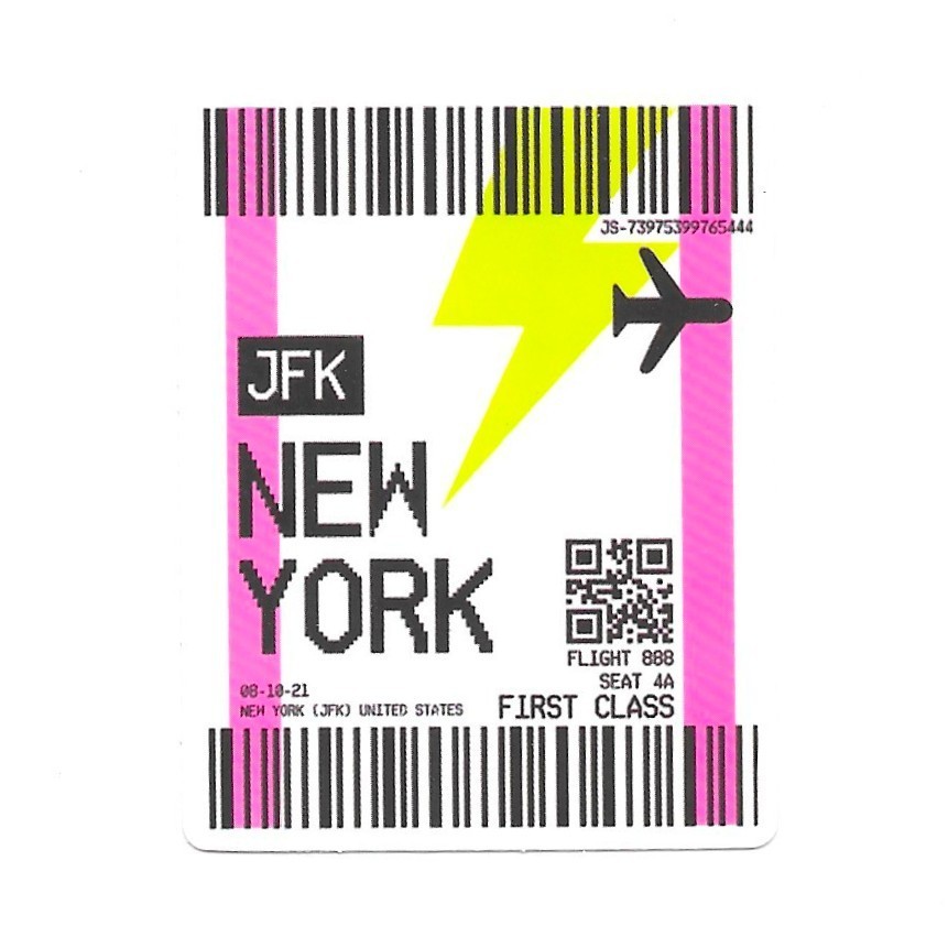 New York JFK Flight Ticket Vinyl Sticker Retro First Class Travel Art