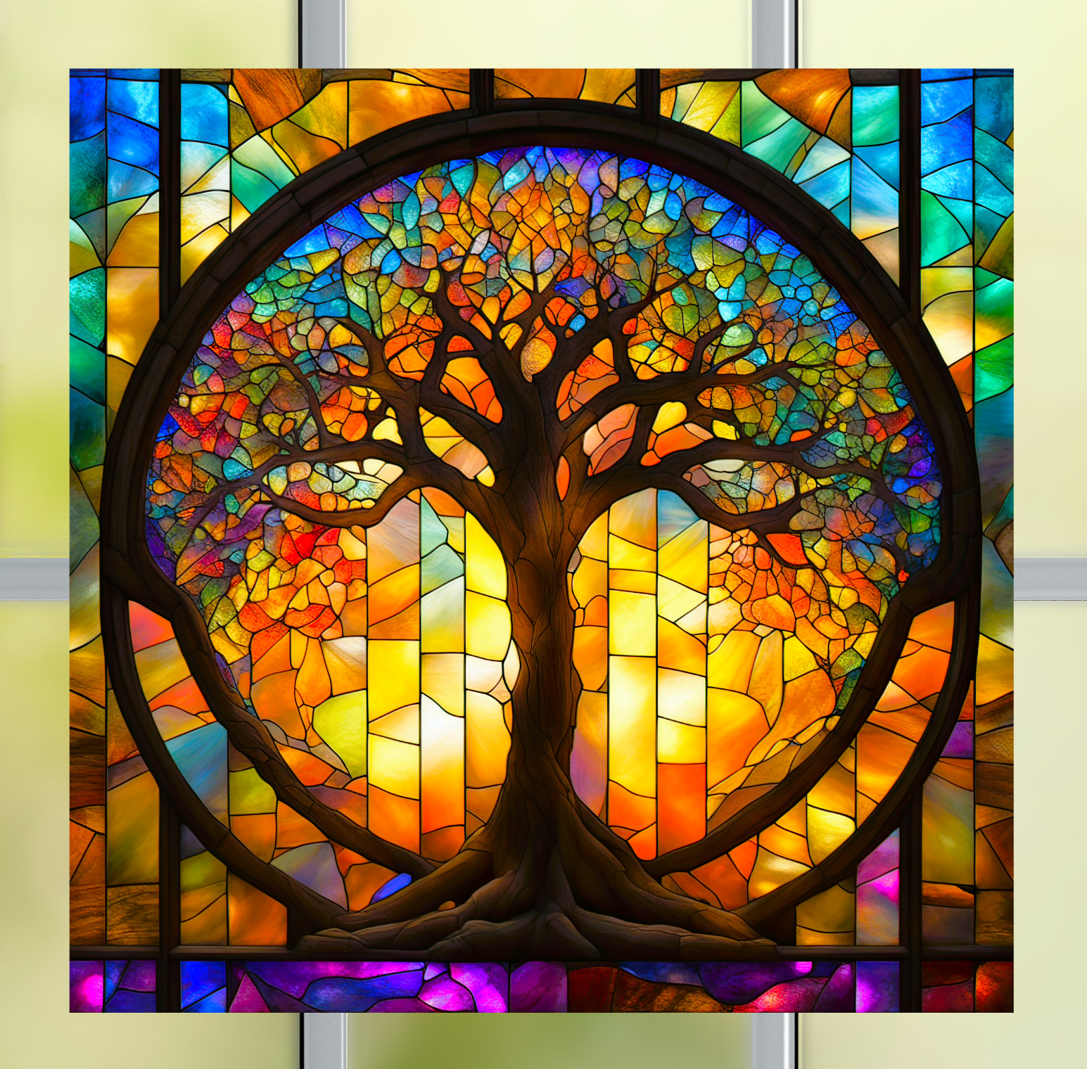 Tree of Life ~ Faux Stained-Glass WINDOW CLING Size 8" Square Vinyl