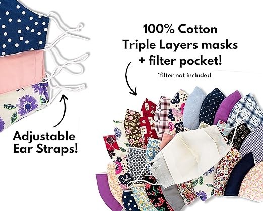 Reusable Face Masks – 3-Layer 100% Cotton Cloth Masks for Adults pack of 30