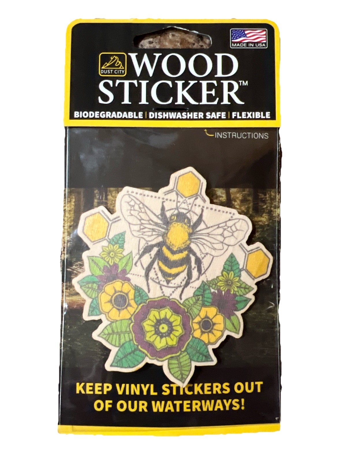 Honey Bee Flower Hippie WOOD Sticker Dishwasher SAFE Biodegradable Dust City NEW