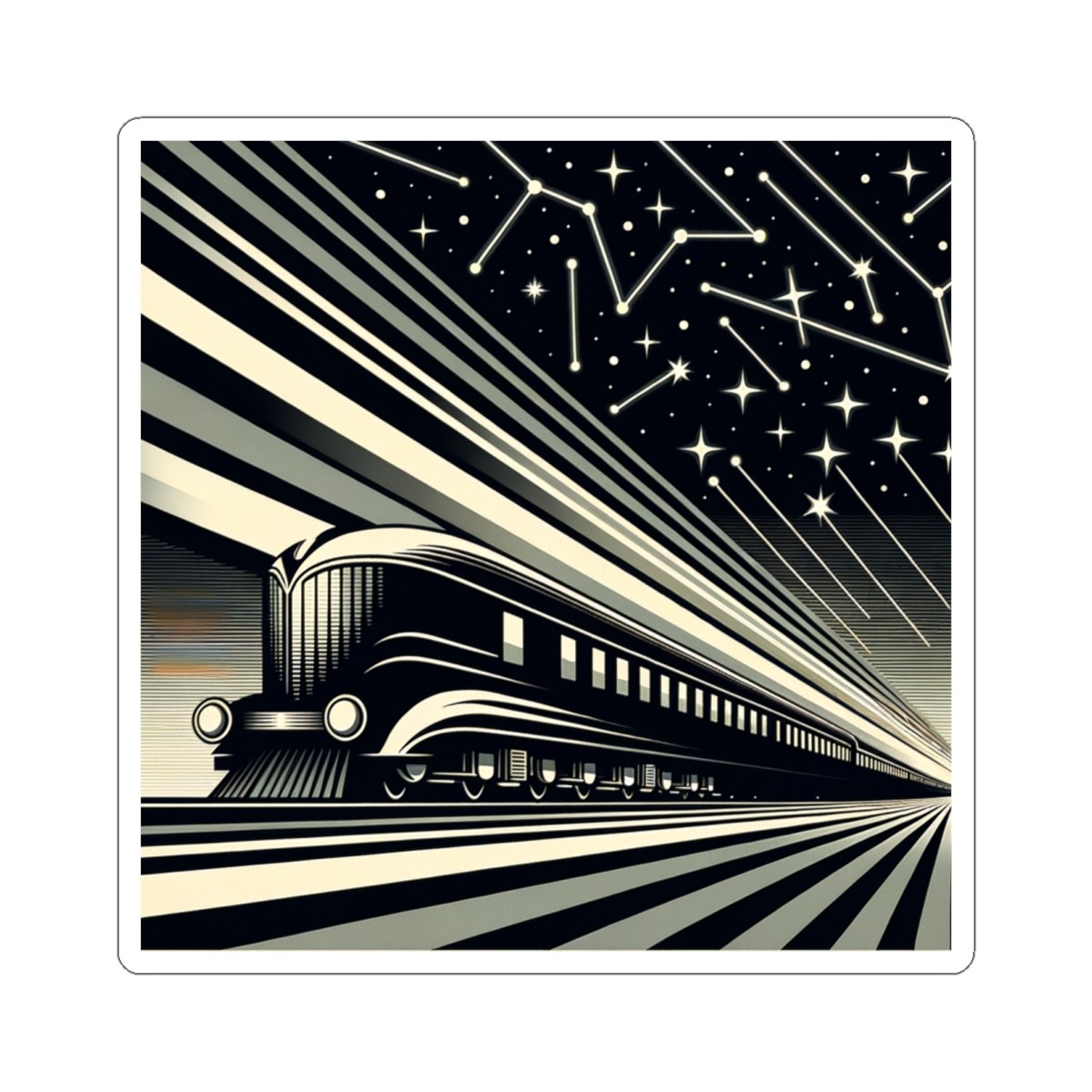 Sticker Left Streamlined Train Night Voyage Art Deco Constellation 3×3" 4×4" 6×6