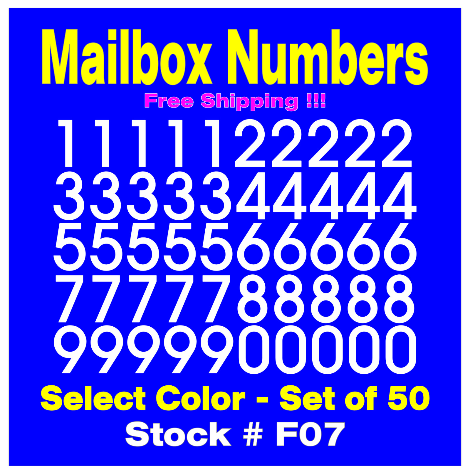 Mailbox NUMBER Vinyl Decals Set of 50 Numbers SIZES 1/2" up to 4" STK# F07