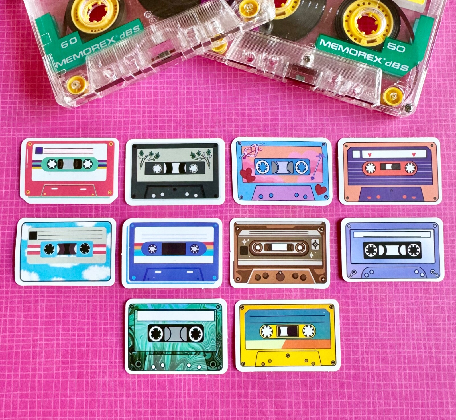 New 80s Style Mini Cassette Tape Waterproof Stickers Set of 10 – 1.75” x 1.25”