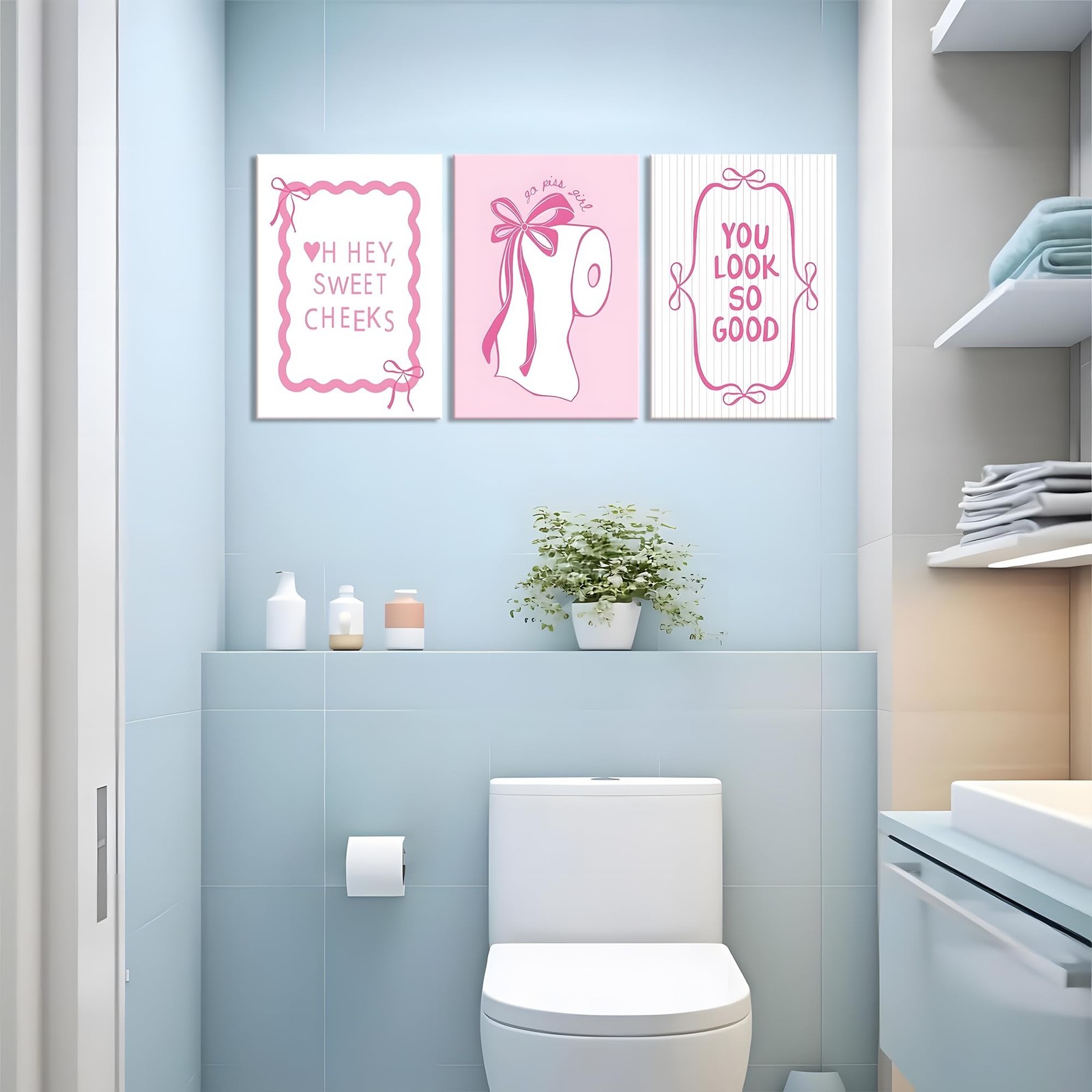 JBZDD 3Pcs Pink Bow Bathroom Canvas Wall Art Bowknot Coquette Posters Prints …