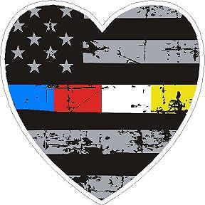Thin Blue Red White Yellow Line Distressed Flag Heart Decal Police Fire EMS 911