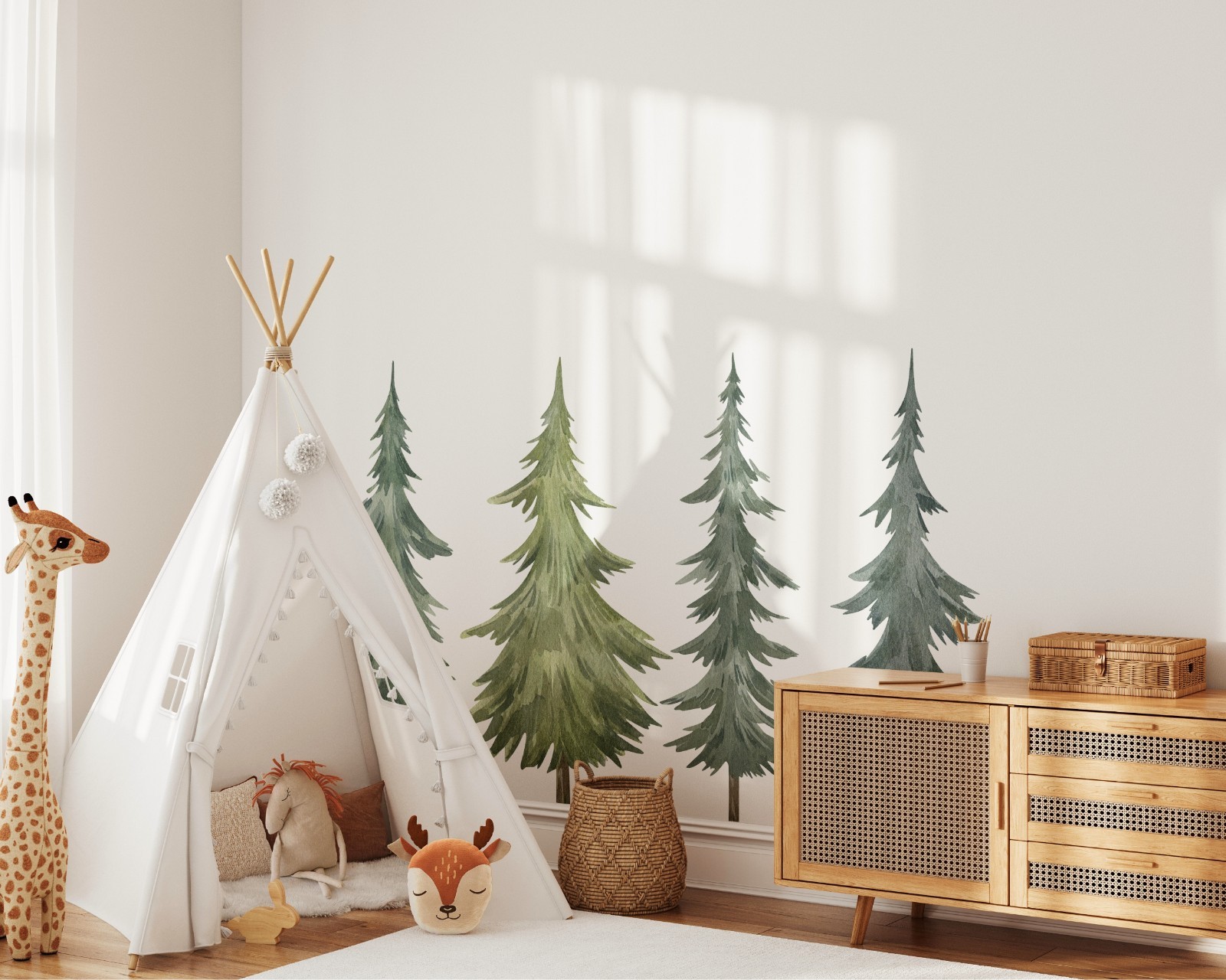 Woodland Pine Tree Wall Decal Tree Nursery Decor Set, MEDIUM Set of 4 Trees
