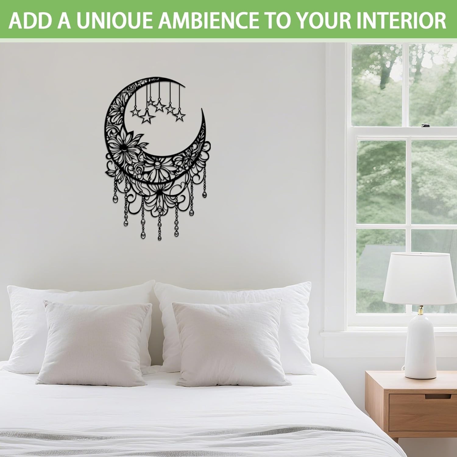 Black Metal Moon Wall Decor Boho Moon Phase Wall Art with Hanging Stars Flora…