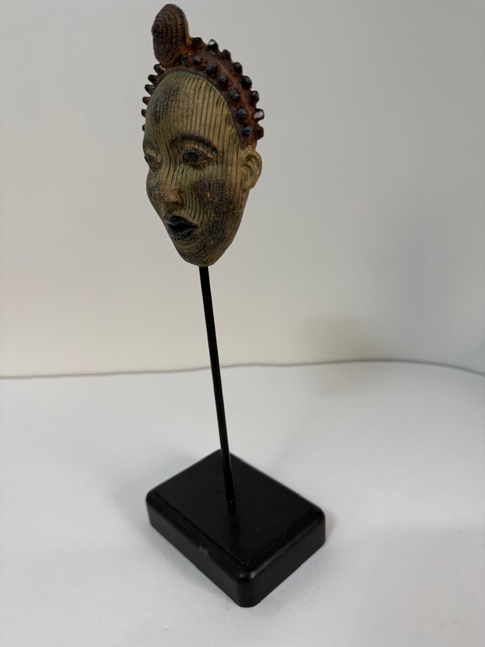 African Metal Head Sculpture Statue on Stand Tribal Art Decor Vintage Style Figu