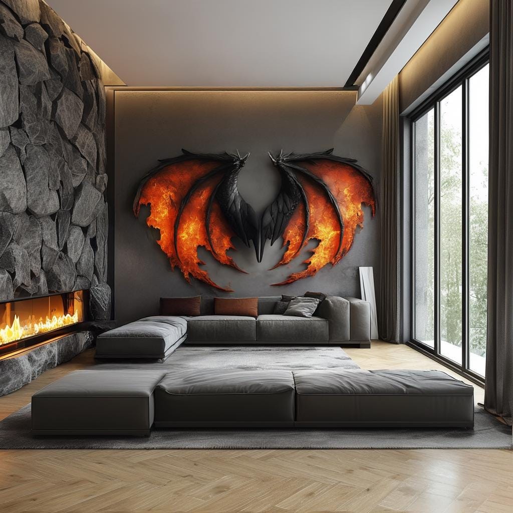 Dragon Wing Wall Mural | Fiery Fantasy Wall Art | Bold Statement Decor for