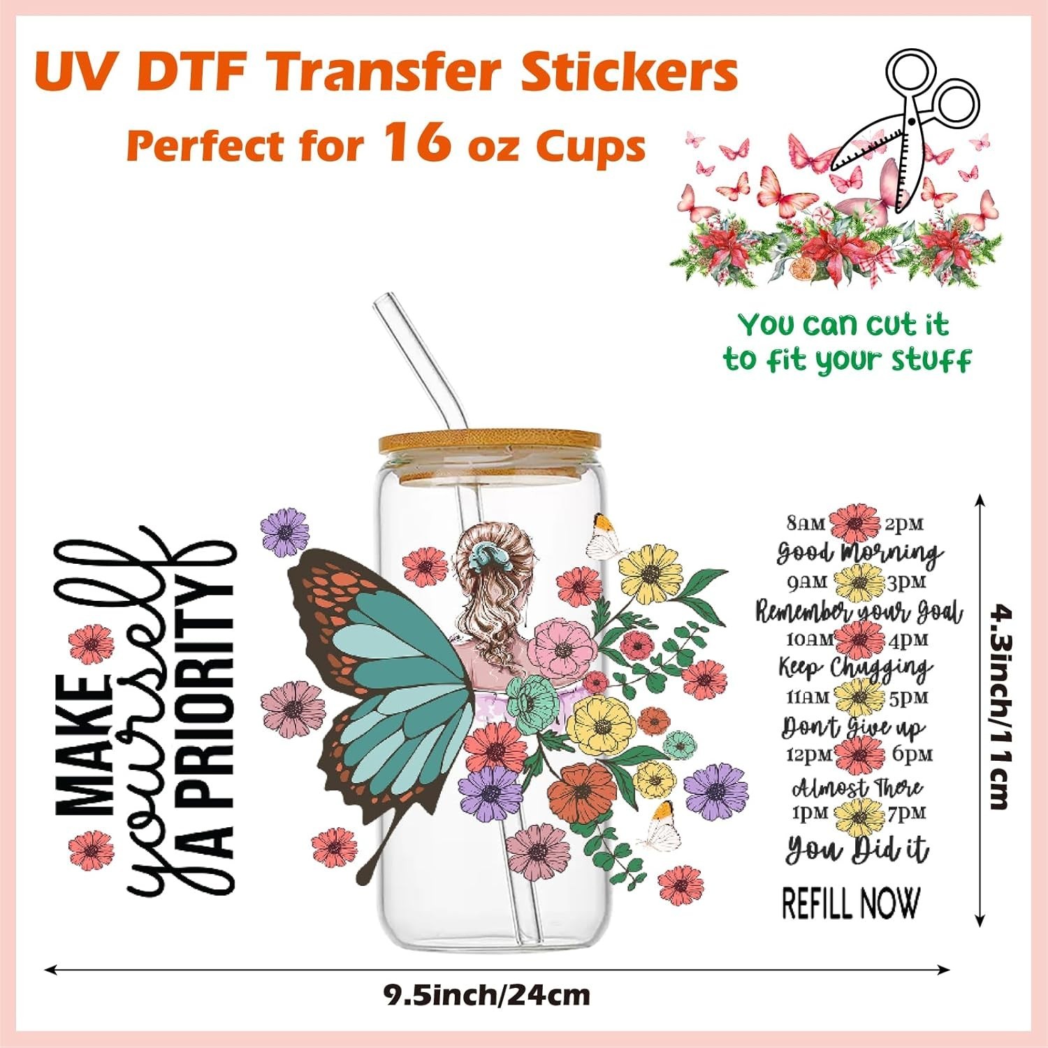 UV DTF Cup Wraps for 16 oz Glass Cups, 10 Sheets Rub on Transfers for Crafts,…