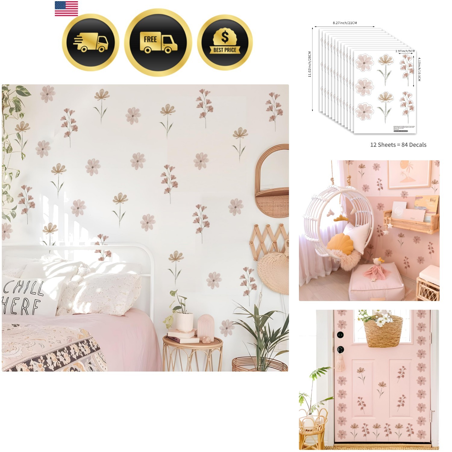 Daisy Wall Decals | 84 PCS Boho Flower Stickers for Girls' Rooms, Playrooms, …