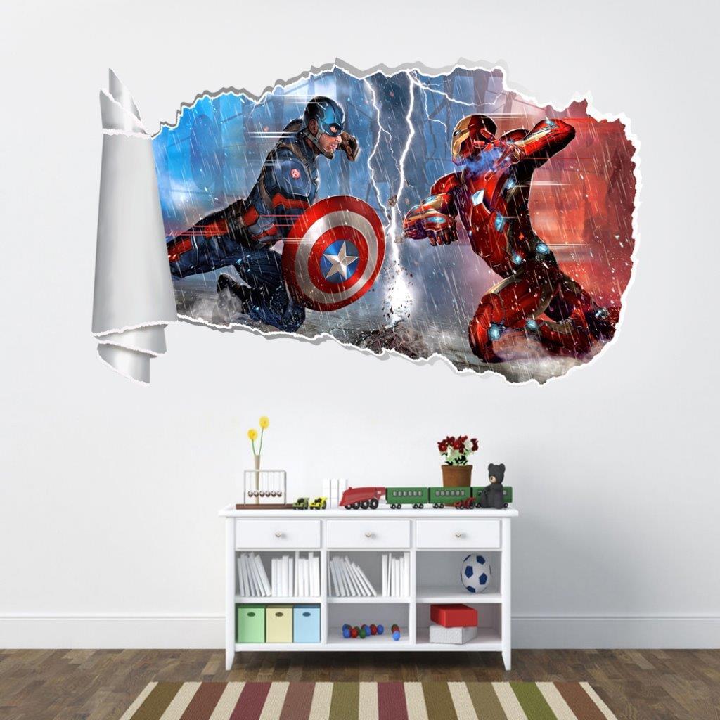 Captain America Iron Man Civil War 3D Torn Hole Ripped Wall Sticker Decal WT157