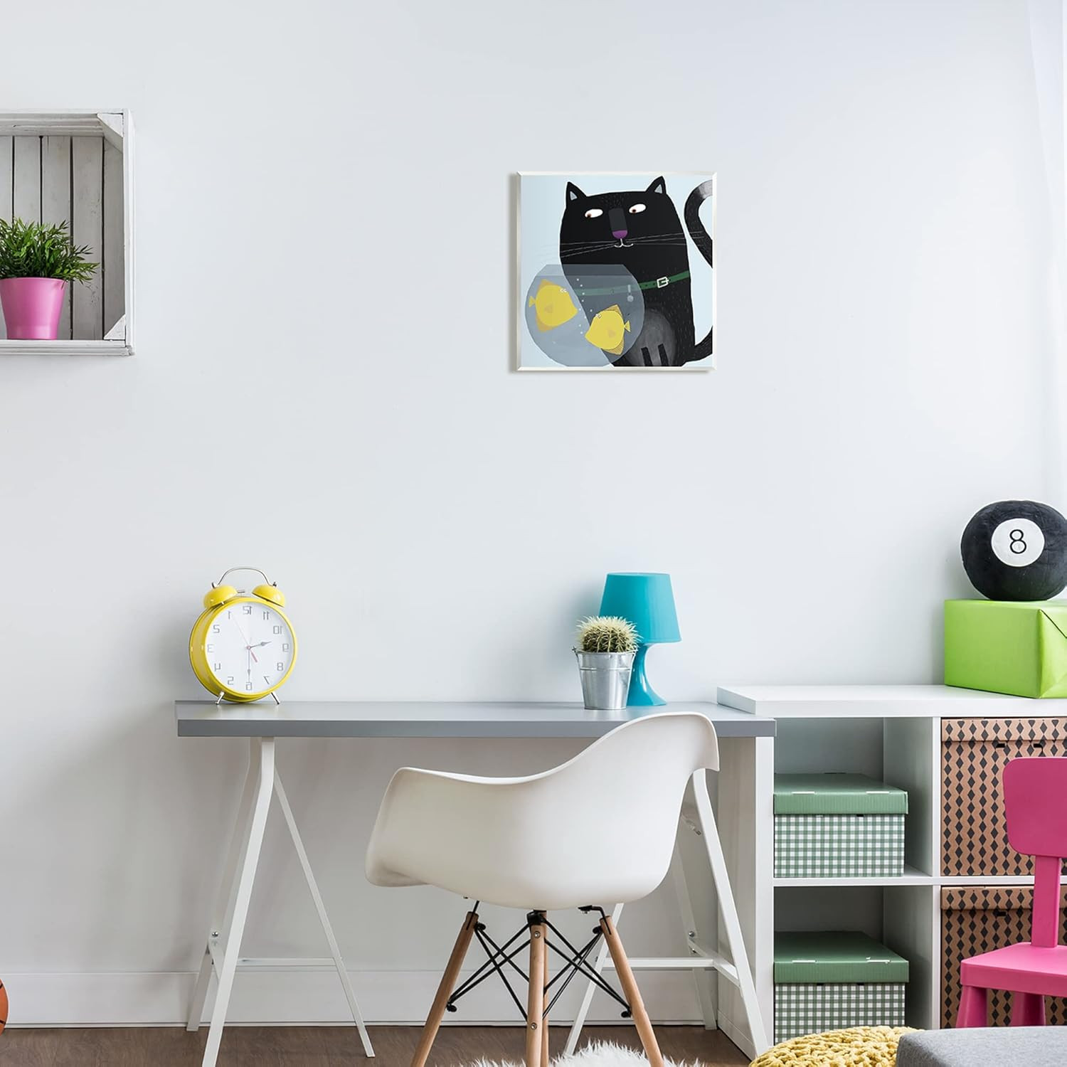 Black Cat Eyeing Fish Bowl Wall Plaque Art, Design by Carla Daly