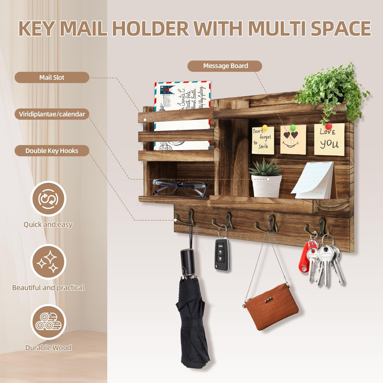 Key Holder Wall Mount, Solid Wood Key and Mail Organizer for Wall(Self Adhesi…