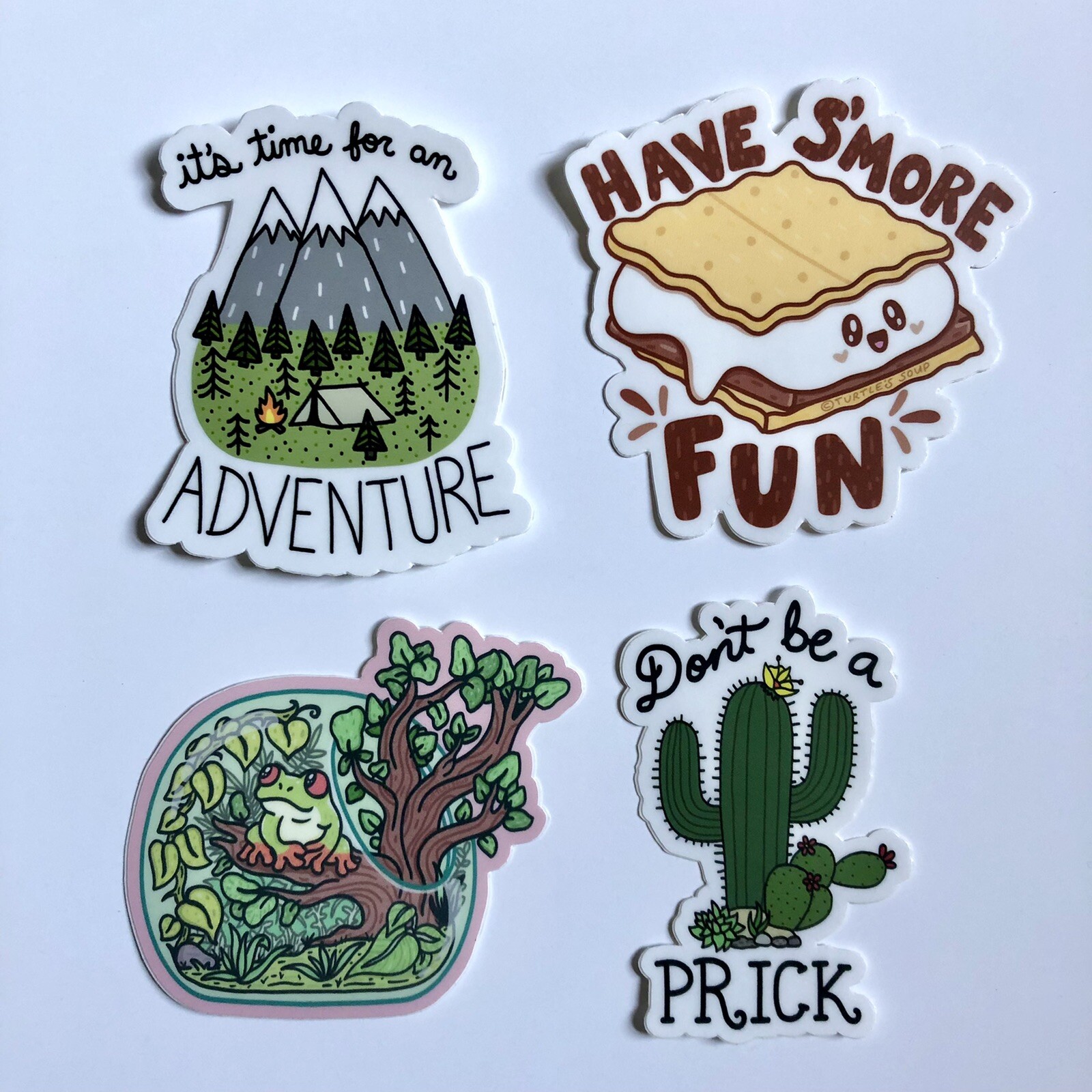 NEW! Turtle’s Soup SET OF 4 VINYL STICKERS / DECALS — 3×3” Cute Camping Theme