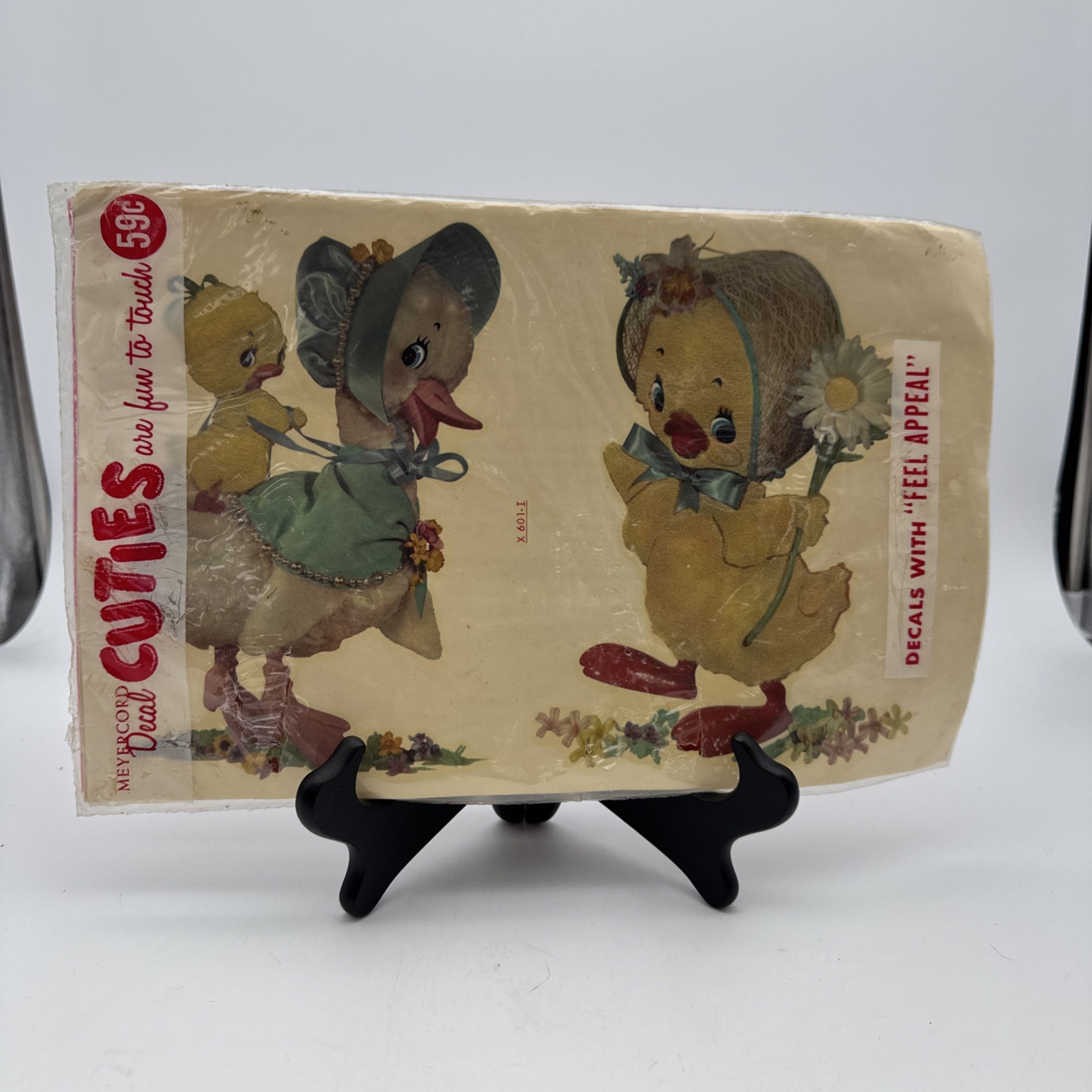 Vtg 1960's Anthropomorphic Duck & Chick CUTIES Decals Meyercord Fuzzy Wall Decor