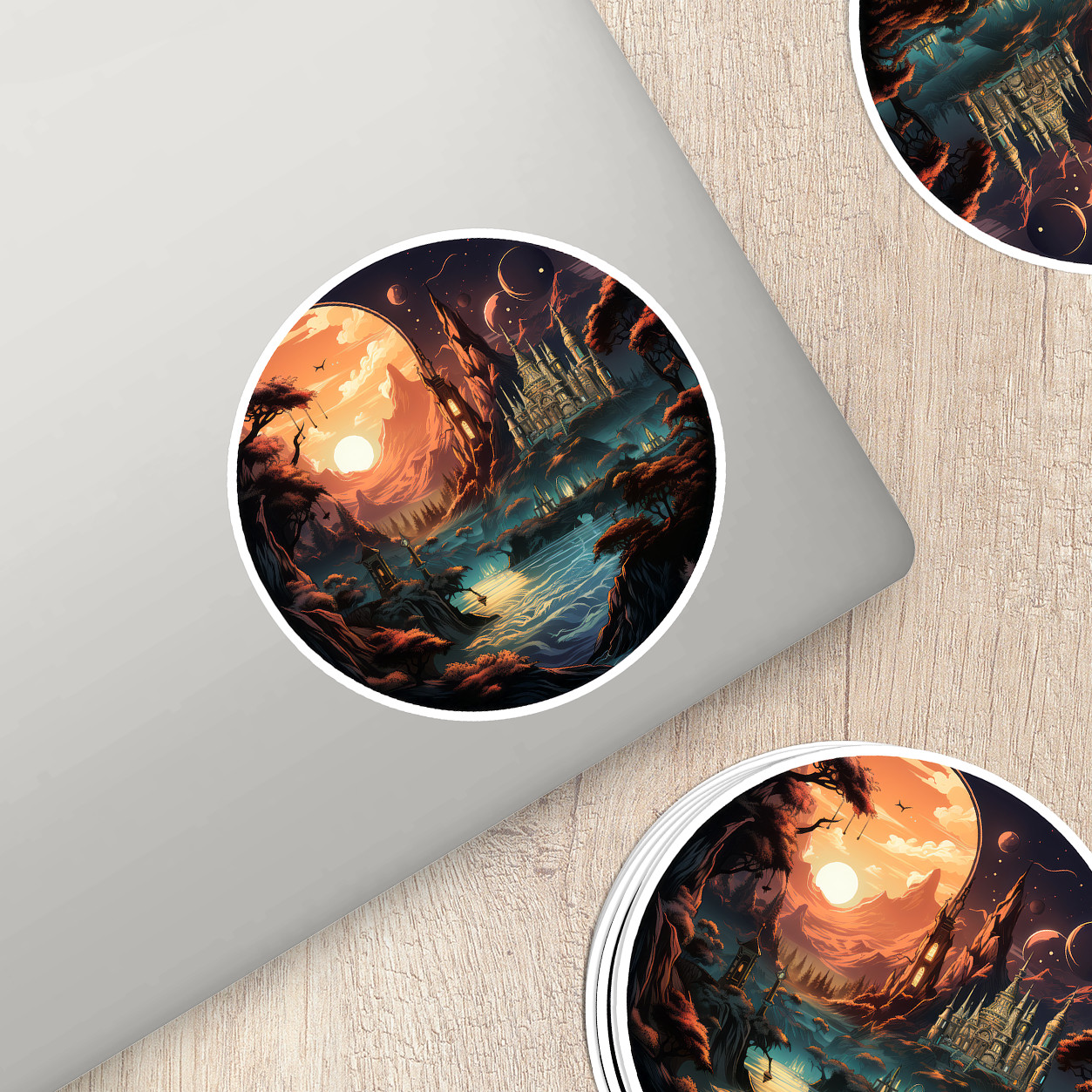 Steampunk Fantasy Landscape Sticker – Transport Yourself to a World of Adventure