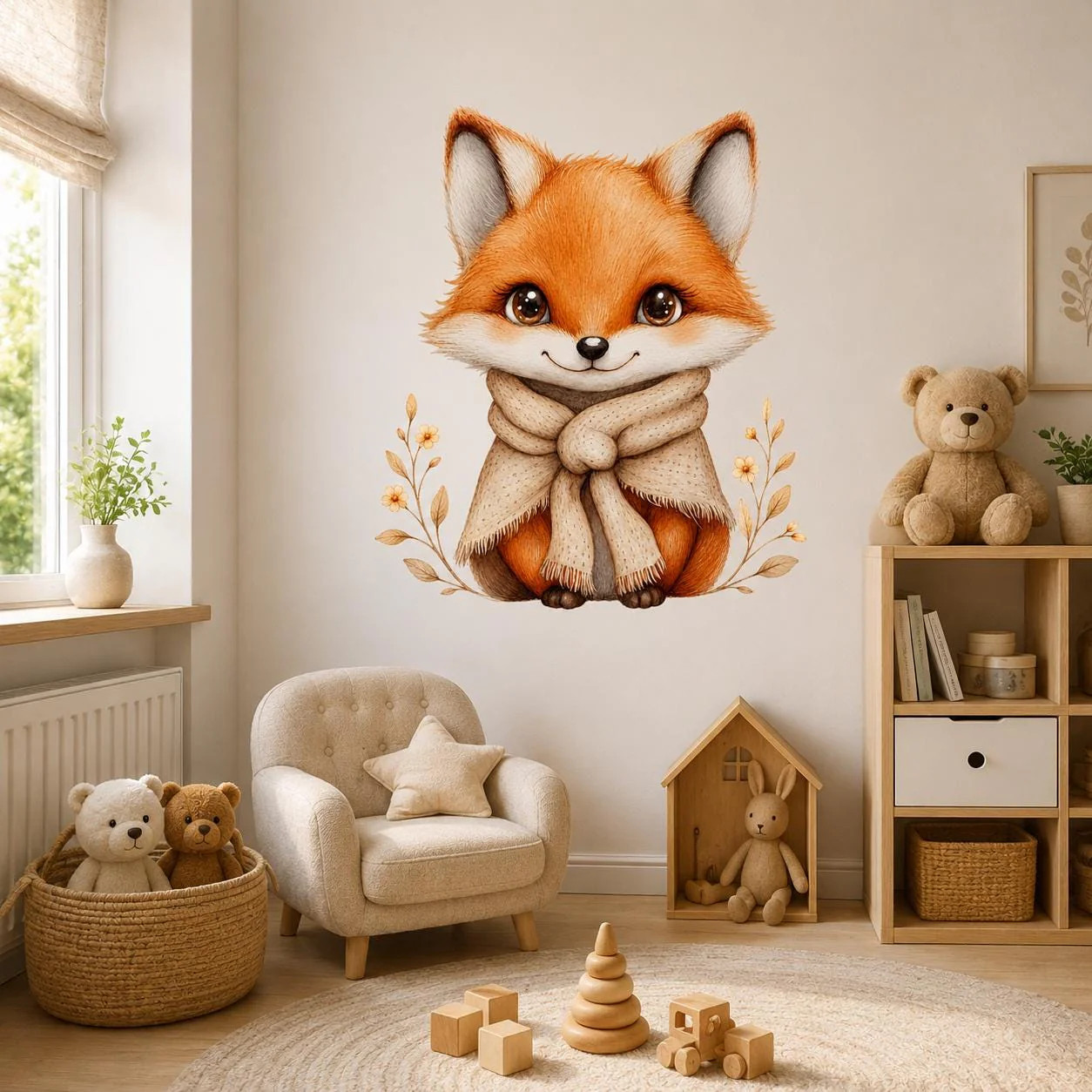 Cute Fox Wall Vinyl Decal | Watercolor Baby Fox Sticker With Scarf