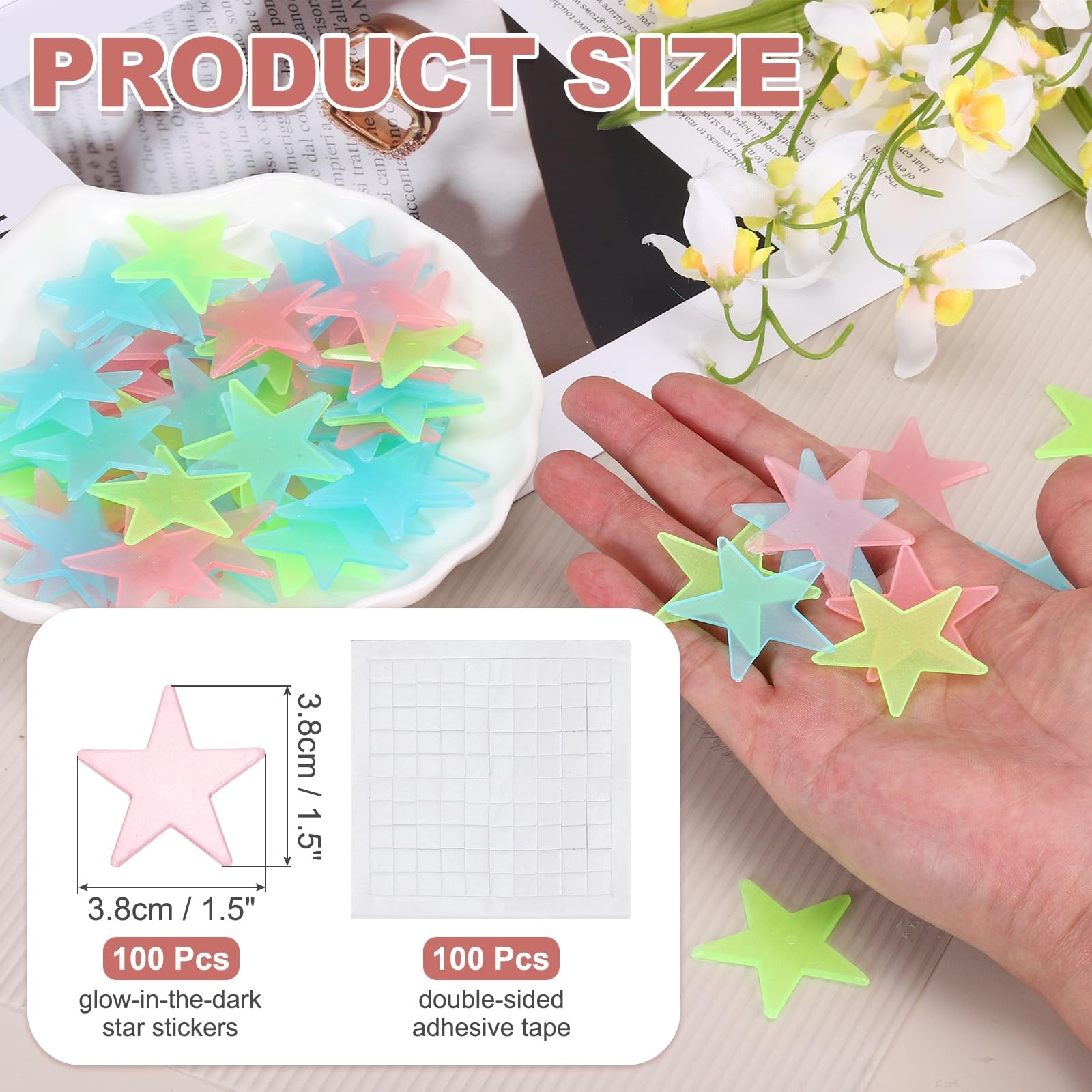 MECCANIXITY 100 Pcs Glow in The Dark Stars Stickers for 1.5"Lx0.06"T, Pink