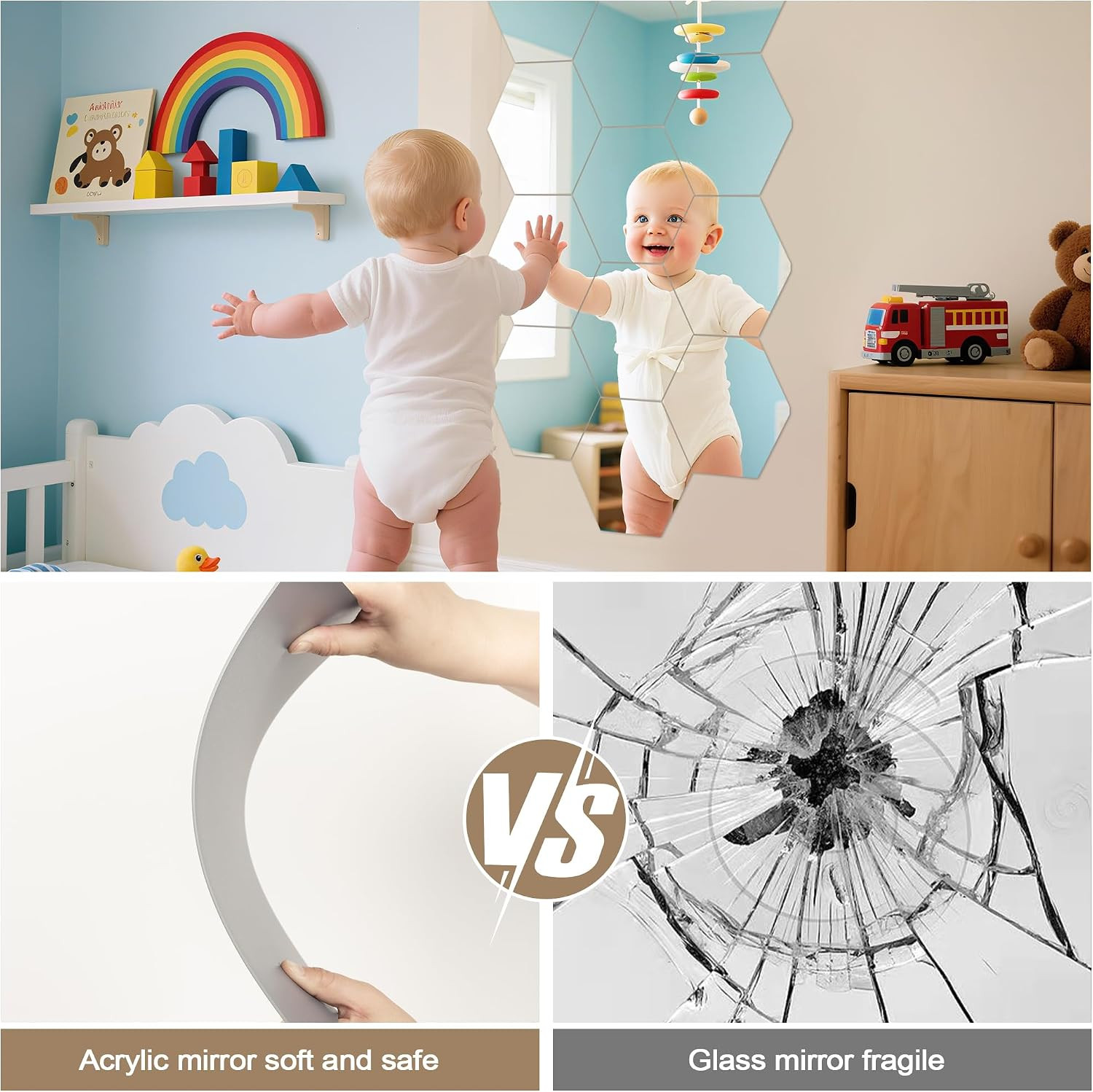 Self-Adhesive Hexagon Acrylic Mirrors 11.8×11.8 Inch – 10PCS for Home Decor