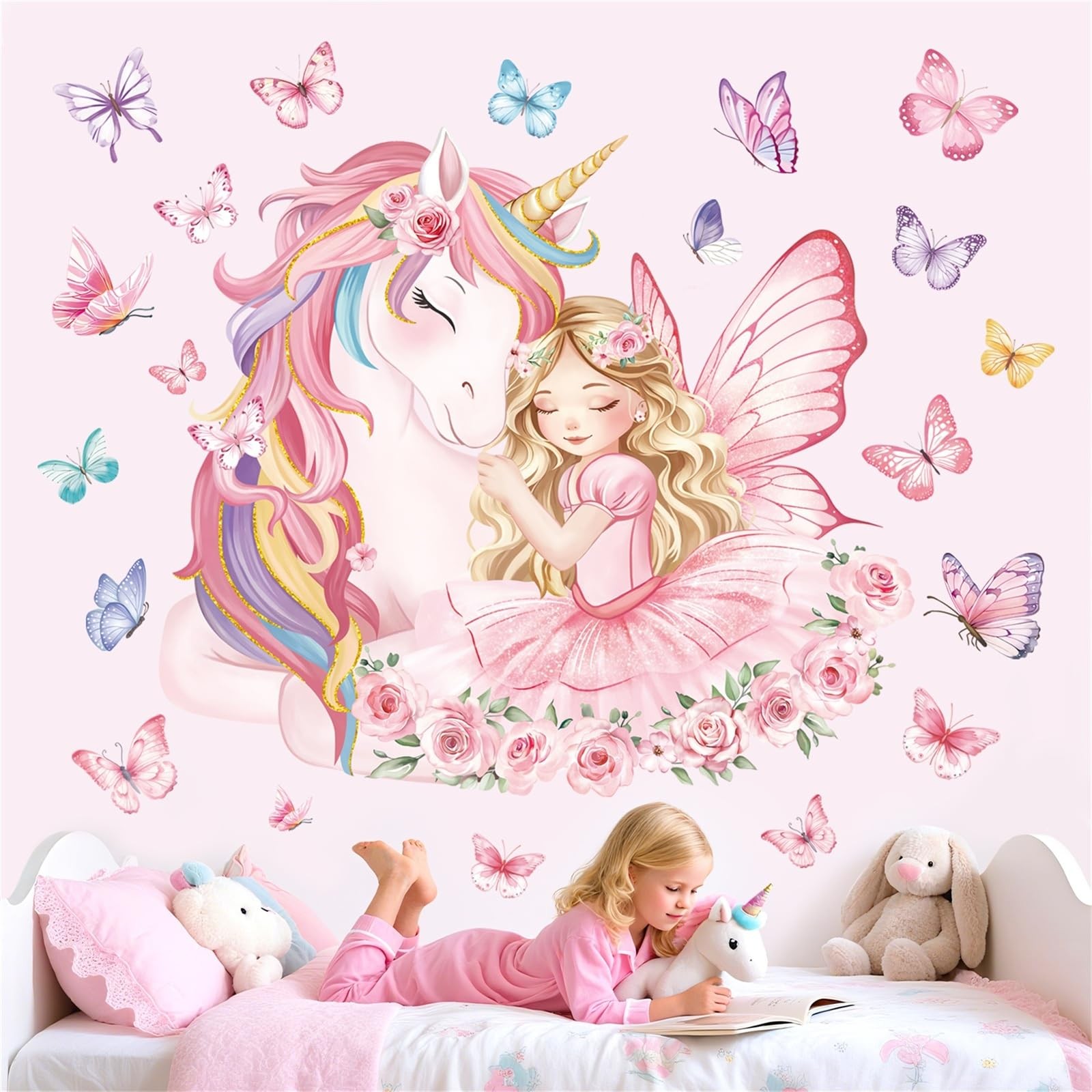 Large Unicorn Wall Stickers Pink Fairy Girl Butterfly Wall Decals Baby Nurser…