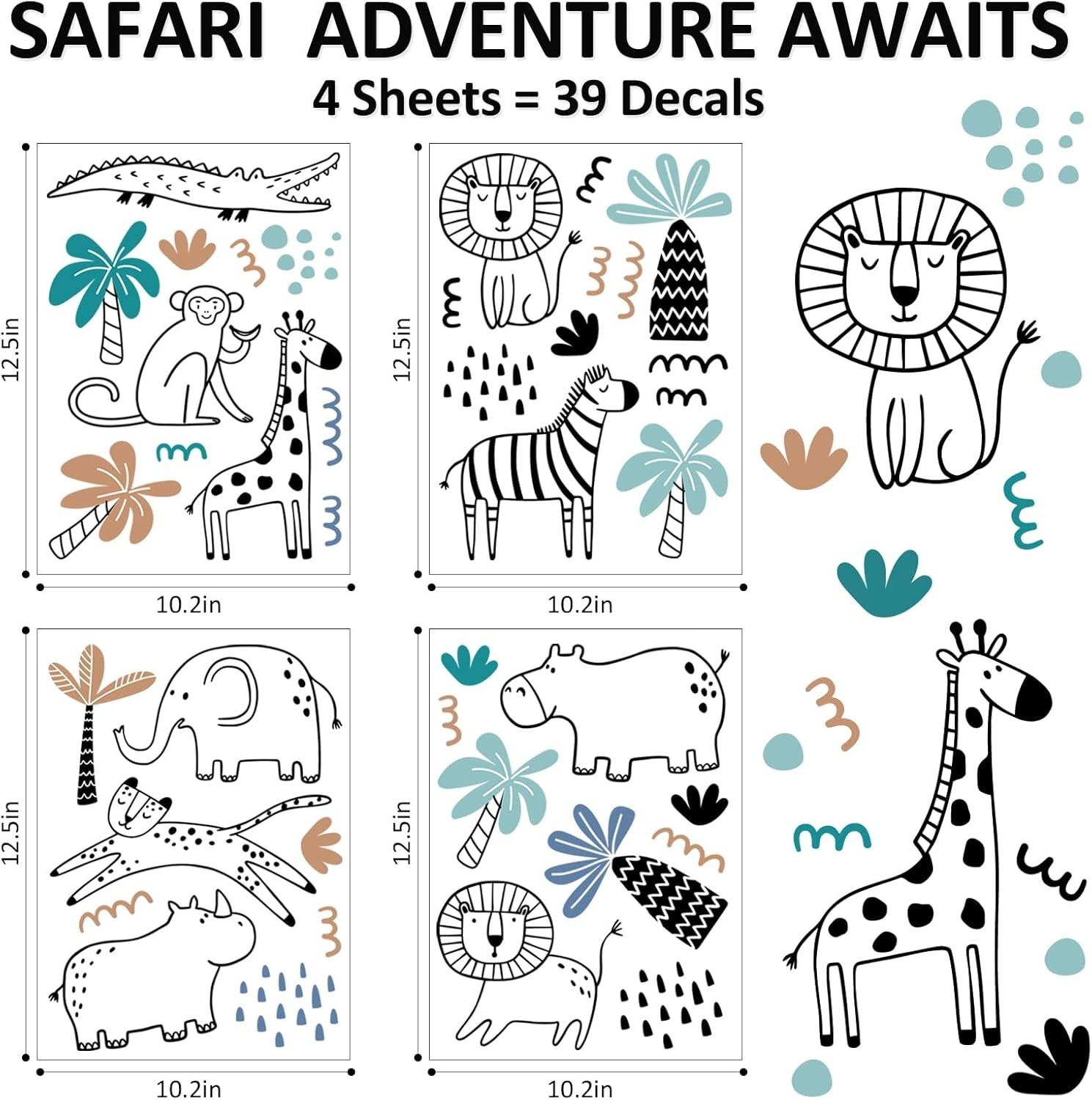 Durable Vinyl Safari Animal Wall Art – 39 Repositionable Decals for Kids' Rooms