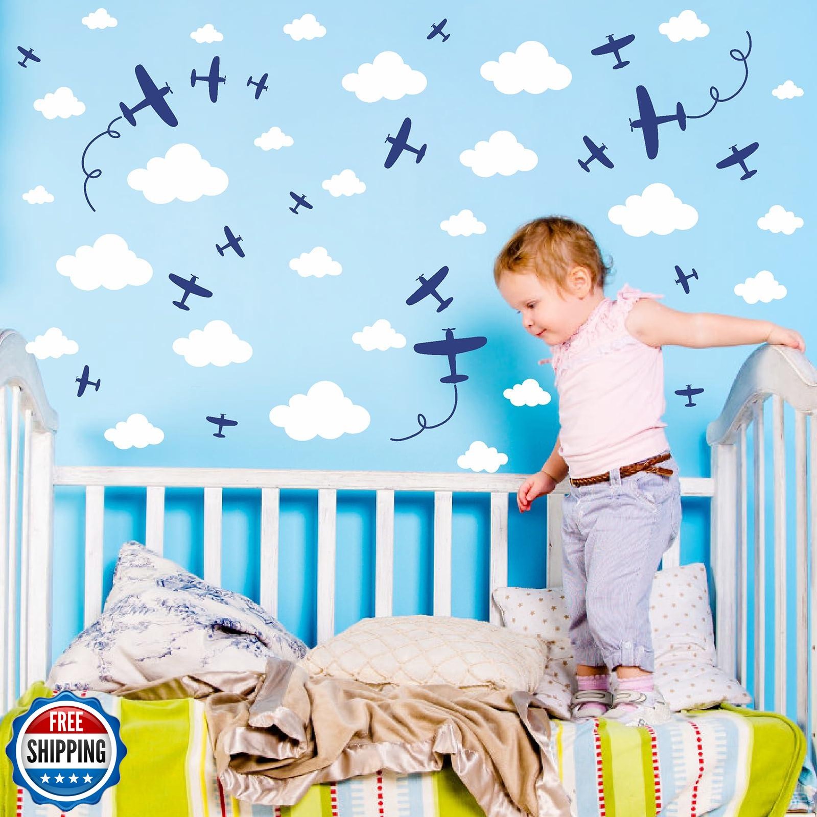 Airplane Wall Stickers Aircraft Plane Wall Decals Peel and Stick White Cloud