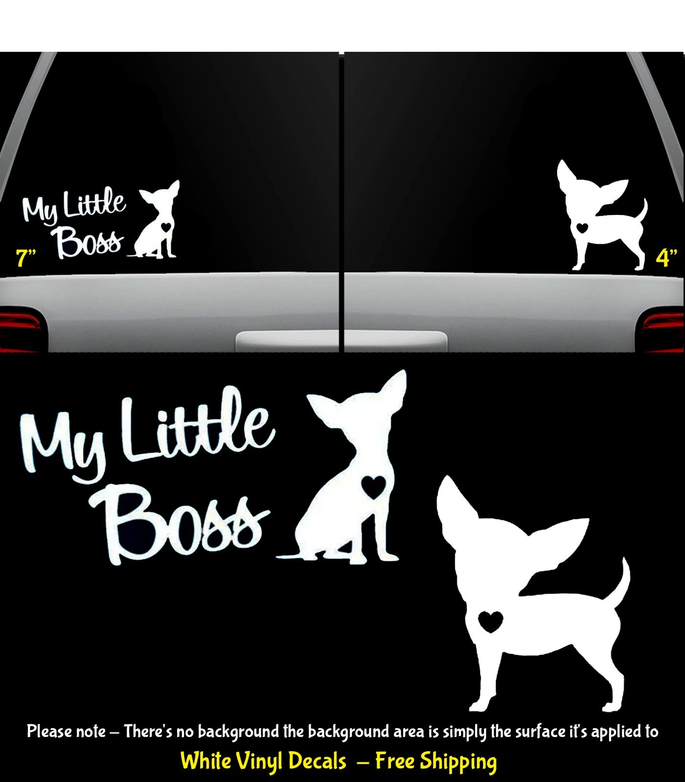 Chihuahua Heart & My Little Boss Two White Vinyl Decal Mirrored Vehicle Windows