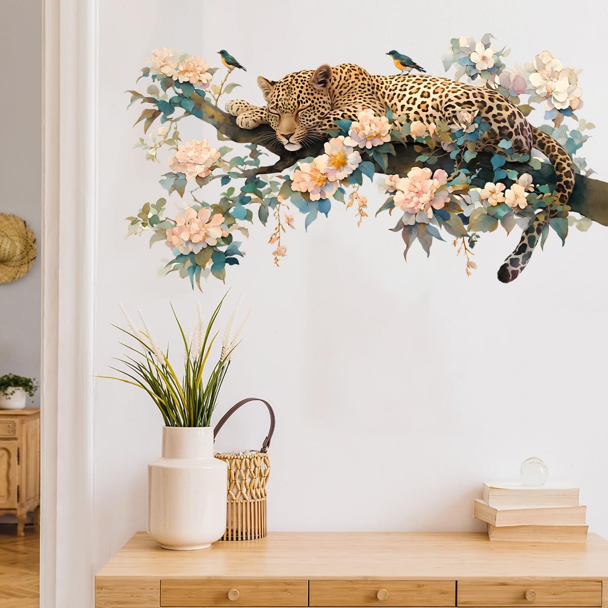 Sleeping Leopard with Flowers Wall Decal Jungle Animal Wall Sticker