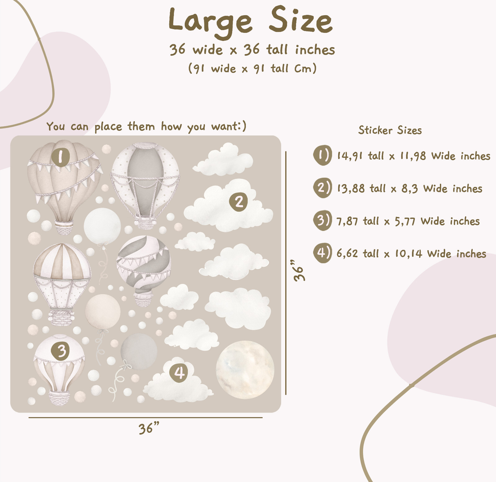 Pastel Hot Air Balloon Wall Stickers, Unisex Nursery Decor, Boho Wall Decal Set