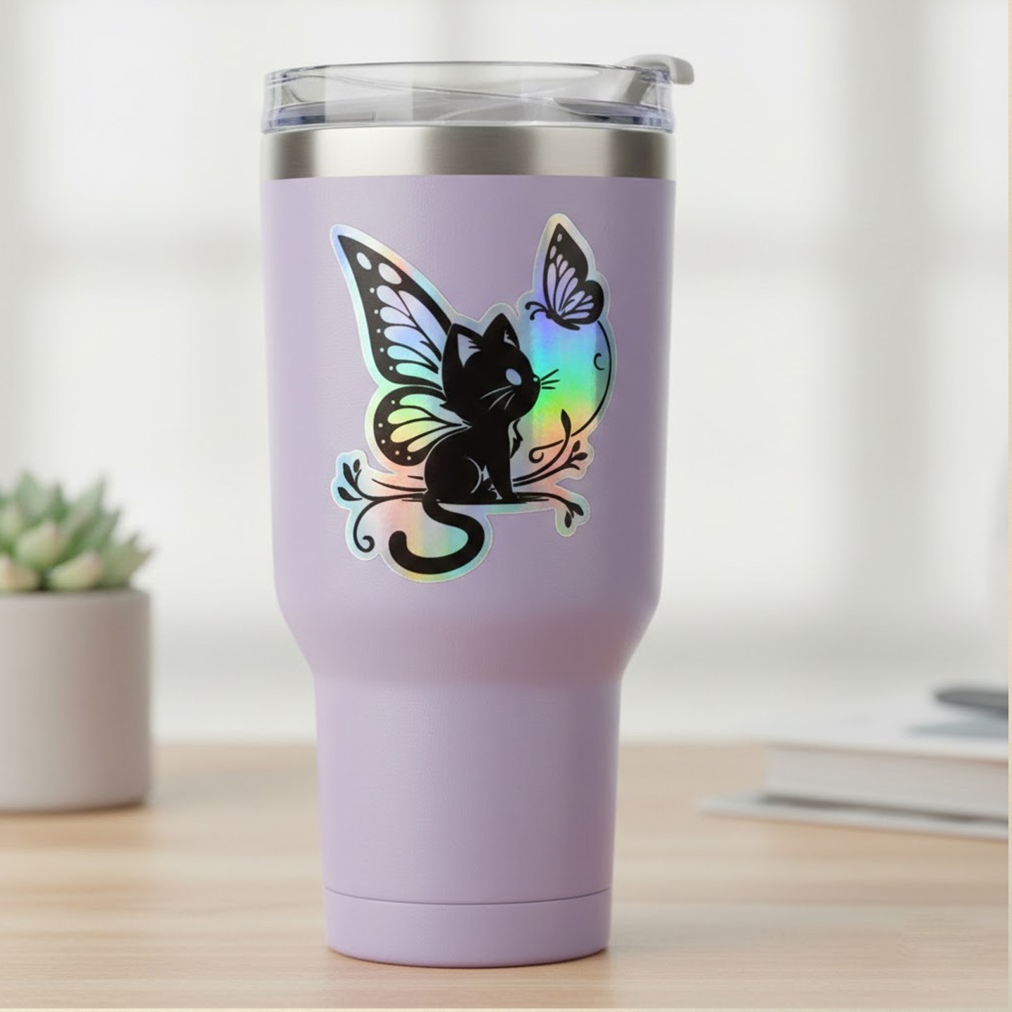Holographic Fairy Cat Sticker Decal – Iridescent Butterfly Kitten Vinyl for Car