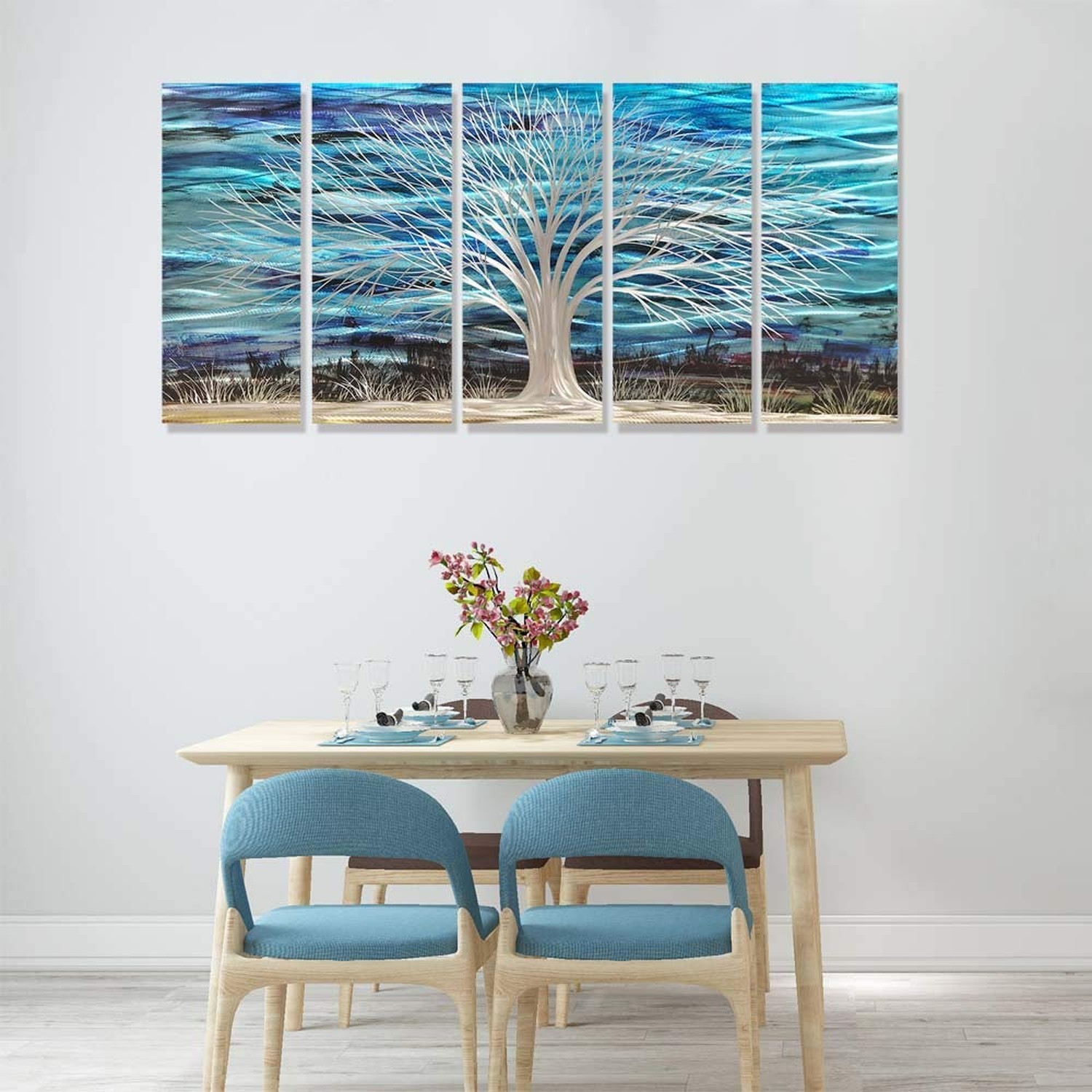 RICHSPACE ARTS 3D Blue Abstract Metal Wall Art Bright Silver Tree Metallic Ar…