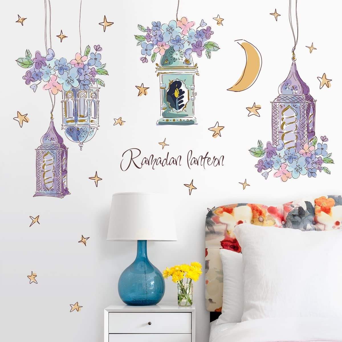 2 Sheets Dream Purple Pendant Wall Decals Flowers & Hanging Lamp Stickers