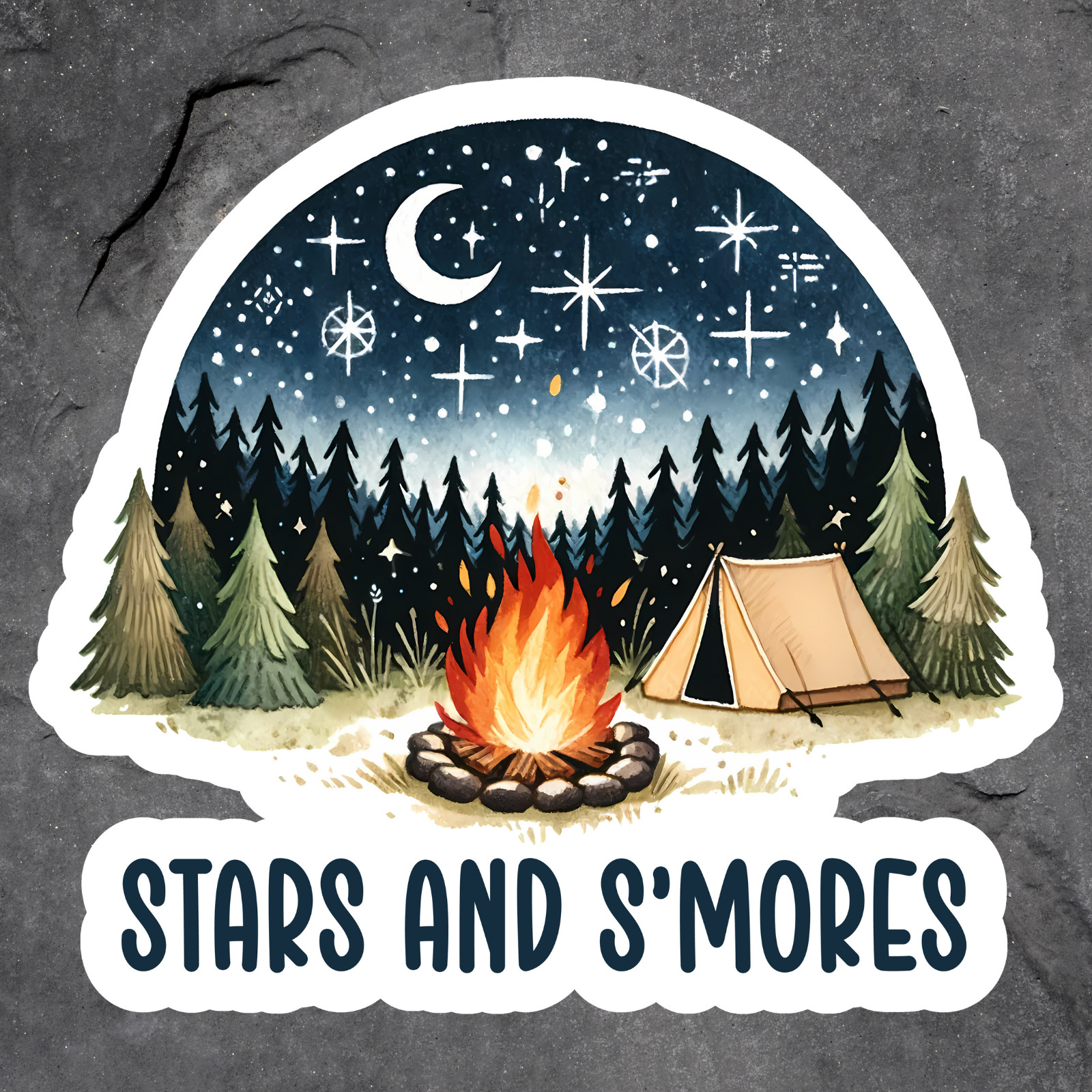 Camping sticker vinyl decal stars and smores tent fire outdoor night adventure