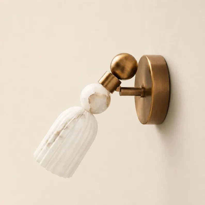 Handmade Alabaster Marble Wall Sconce | Brass Fluted Light, Modern Bedside Lamp