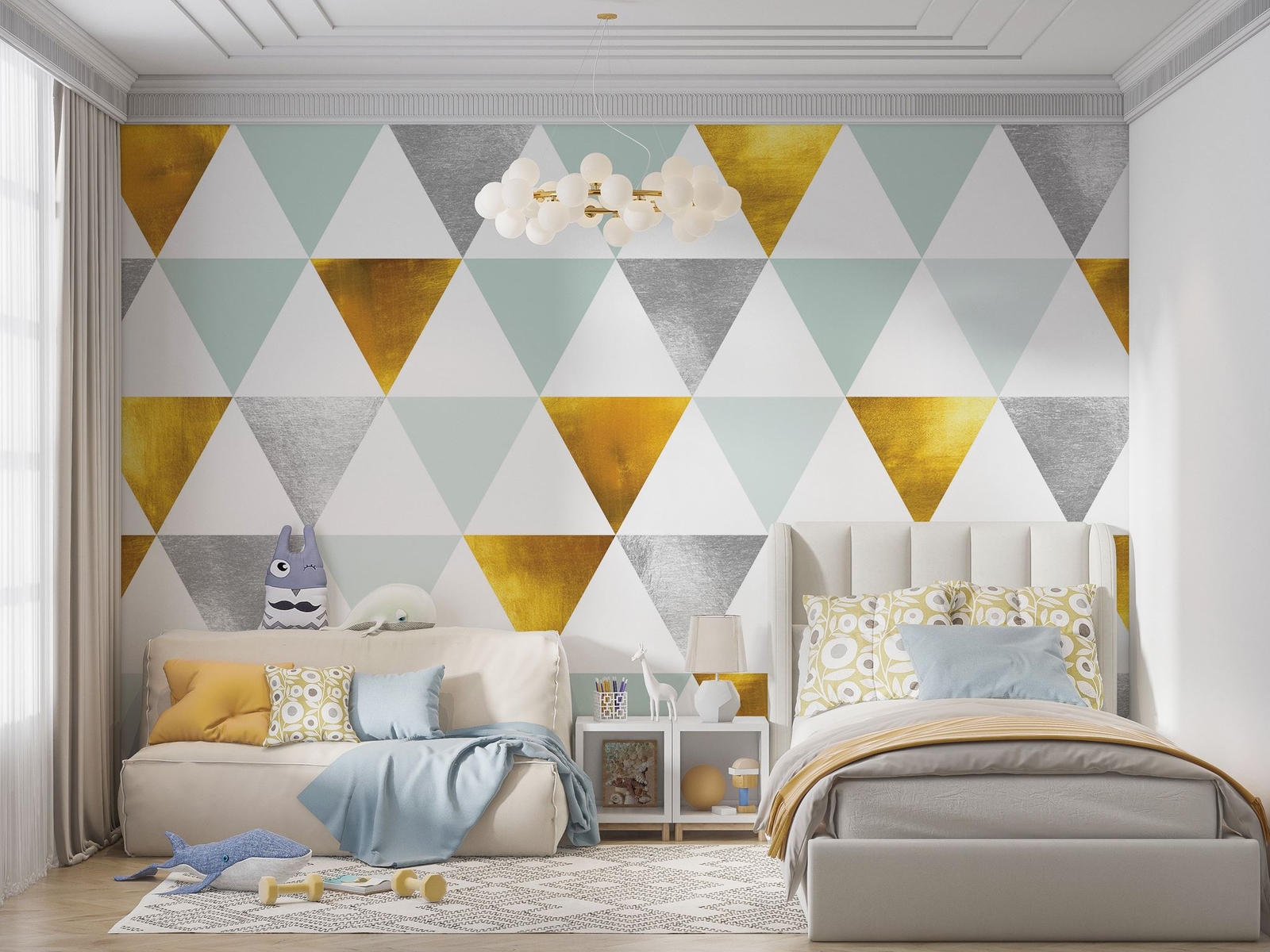 Triangle Geometric Abstract Pattern Wall Mural. Gold, Silver, Teal, Turquoise an