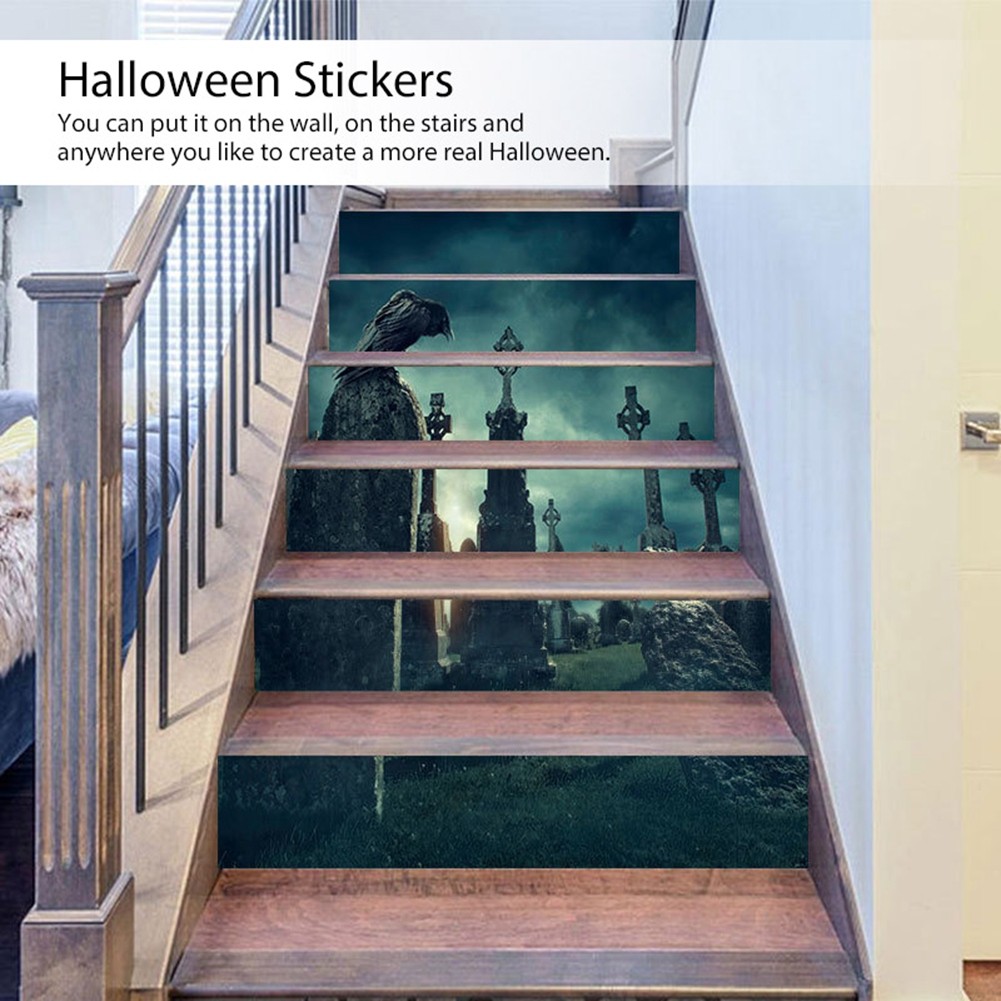 Halloween 3D Waterproof Stair Wall Crow Tombstone Stickers Home Party Decora FFW