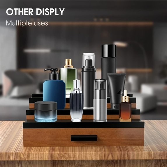 3 Tier Cologne Organizer Display Shelf for Men Wooden Perfume Stand w Drawer