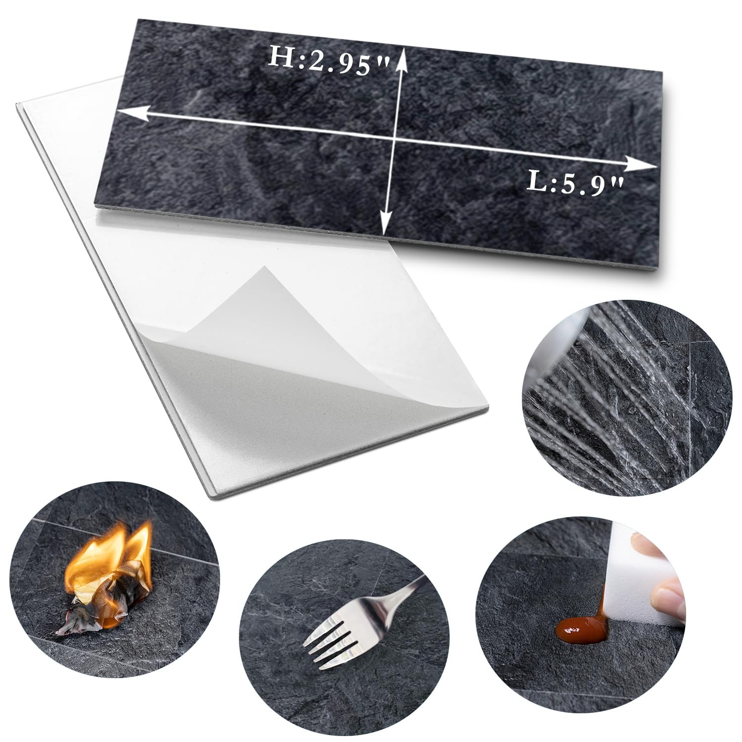 100 Piece Black Slate Peel and Stick Backsplash Wall Tiles, 3" x 6" PVC Faux …
