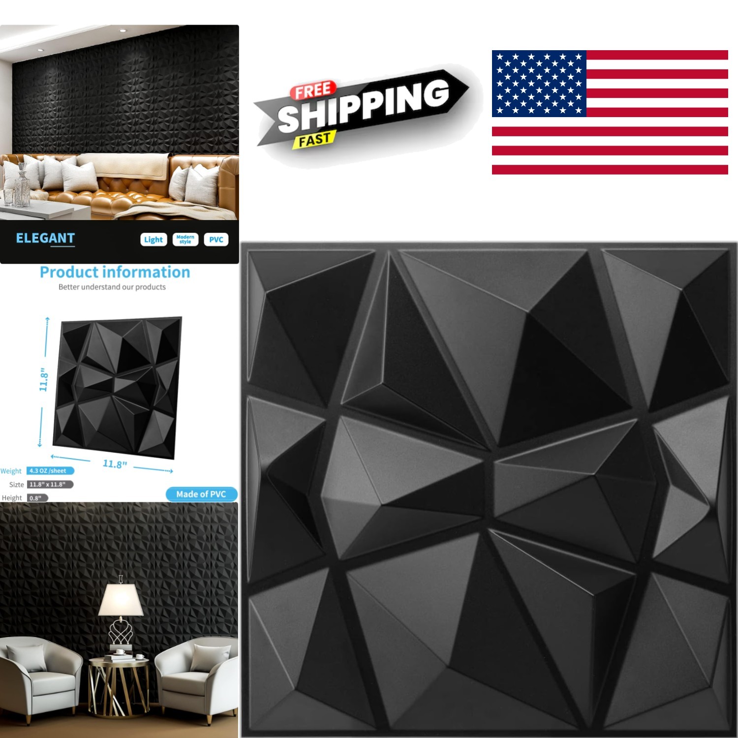 Decorative 3D Wall Panels Diamond Design 12×12 Matte Black 33 Pack for Home