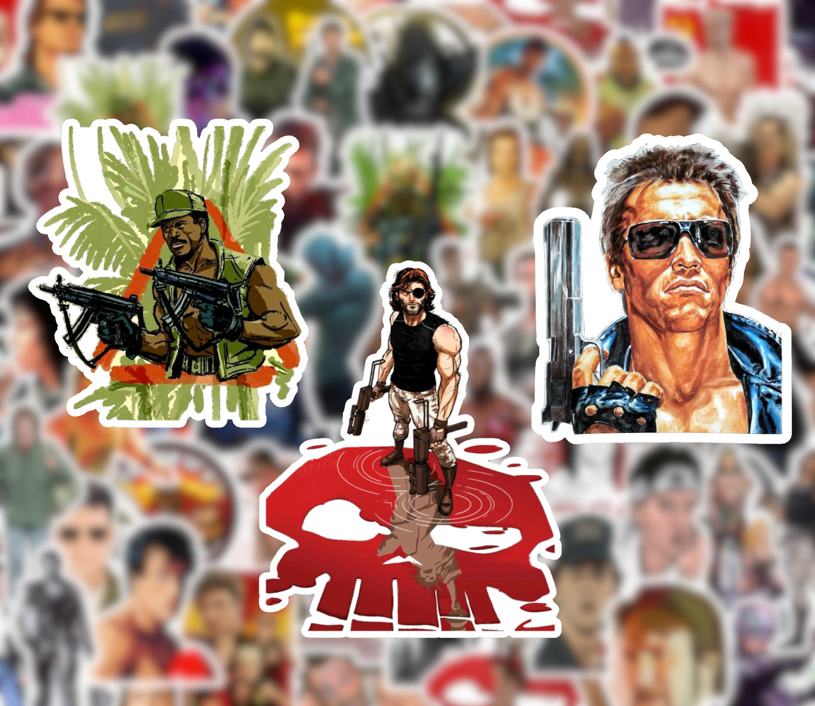 25/50 80's Action Movie Sticker Pack-Waterproof Vinyl-Terminator Predator Rambo